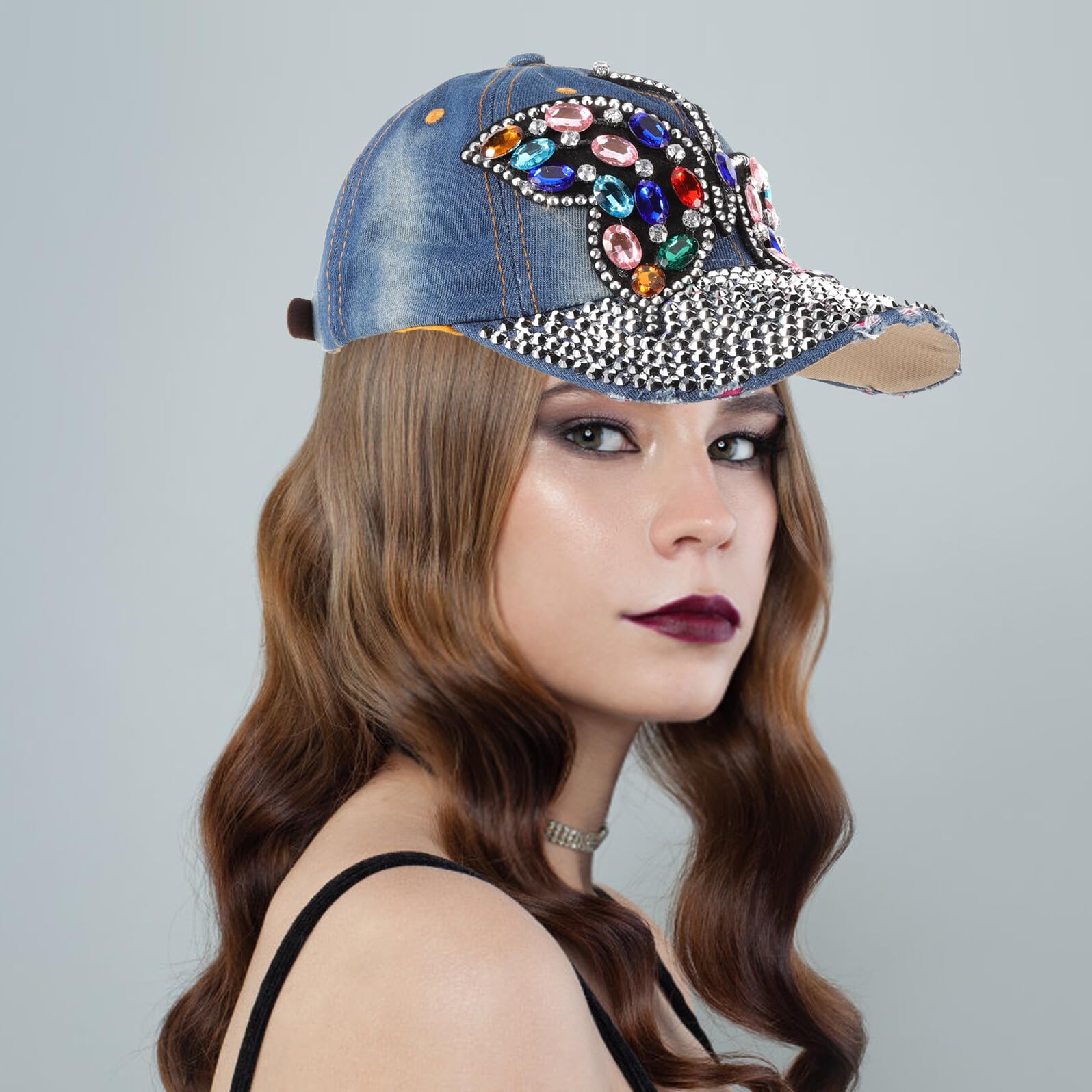 Gatuida Sombrero con Adornos de Piedras para Mujer Gorras de Béisbol Decorativas Protección Solar para Uso Exterior y Eventos de Verano