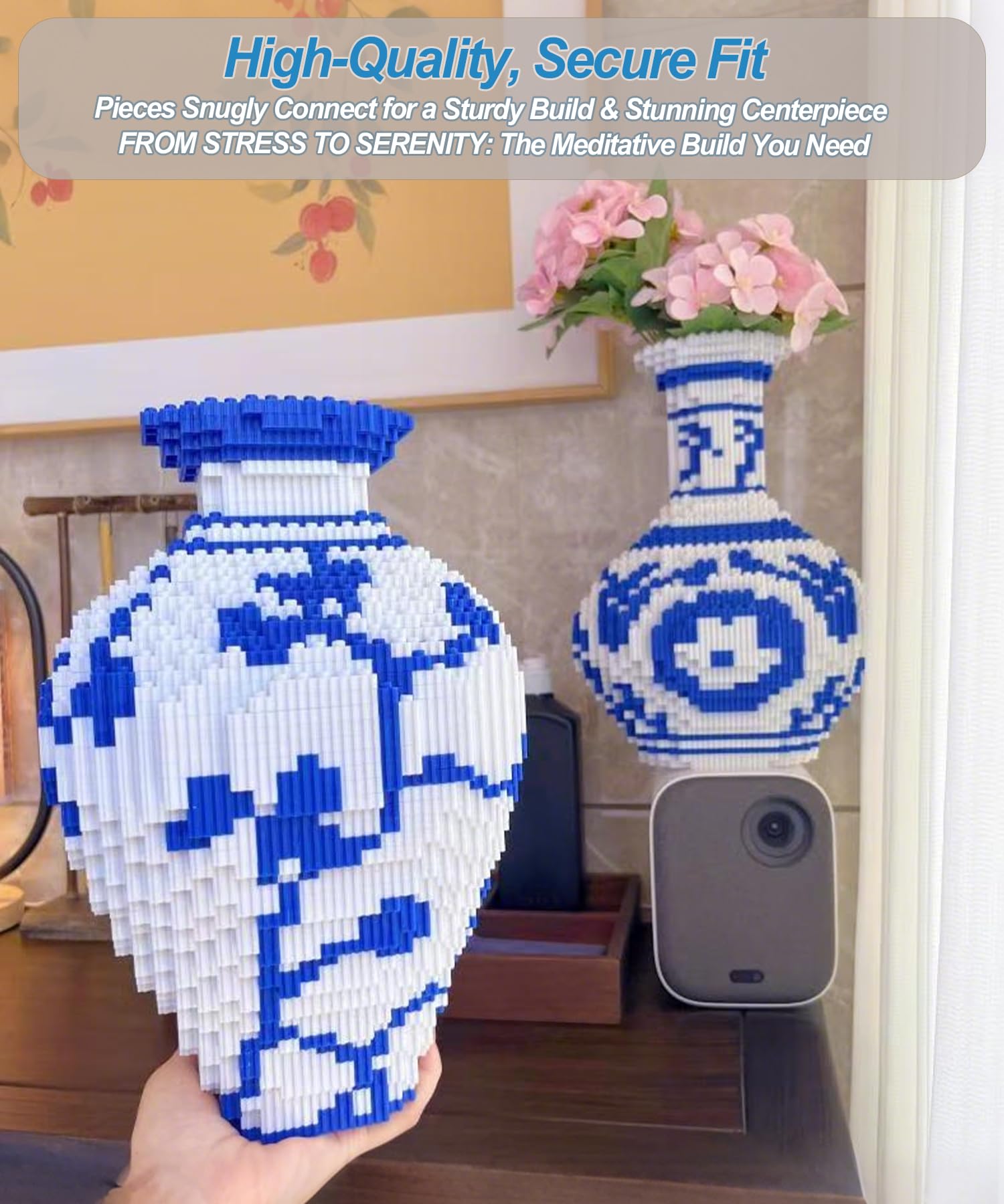 Vase Building Blocks Set, Blue & White Ceramic Style 6400PCS (2 Sets), Compatible for Lego, 7 * 7 * 11″ Creative Flower Building Kit for Home Decor, STEM Birthday Gift for Adults — view 5