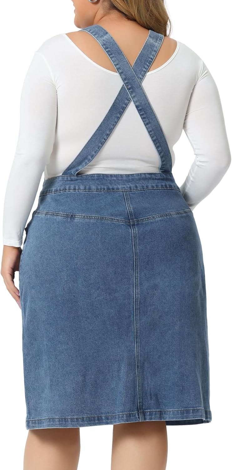 Agnes Orinda Plus Size Denim Overall Dress for Women Button Front Adjustable Strap Suspender Skirt - Image 4