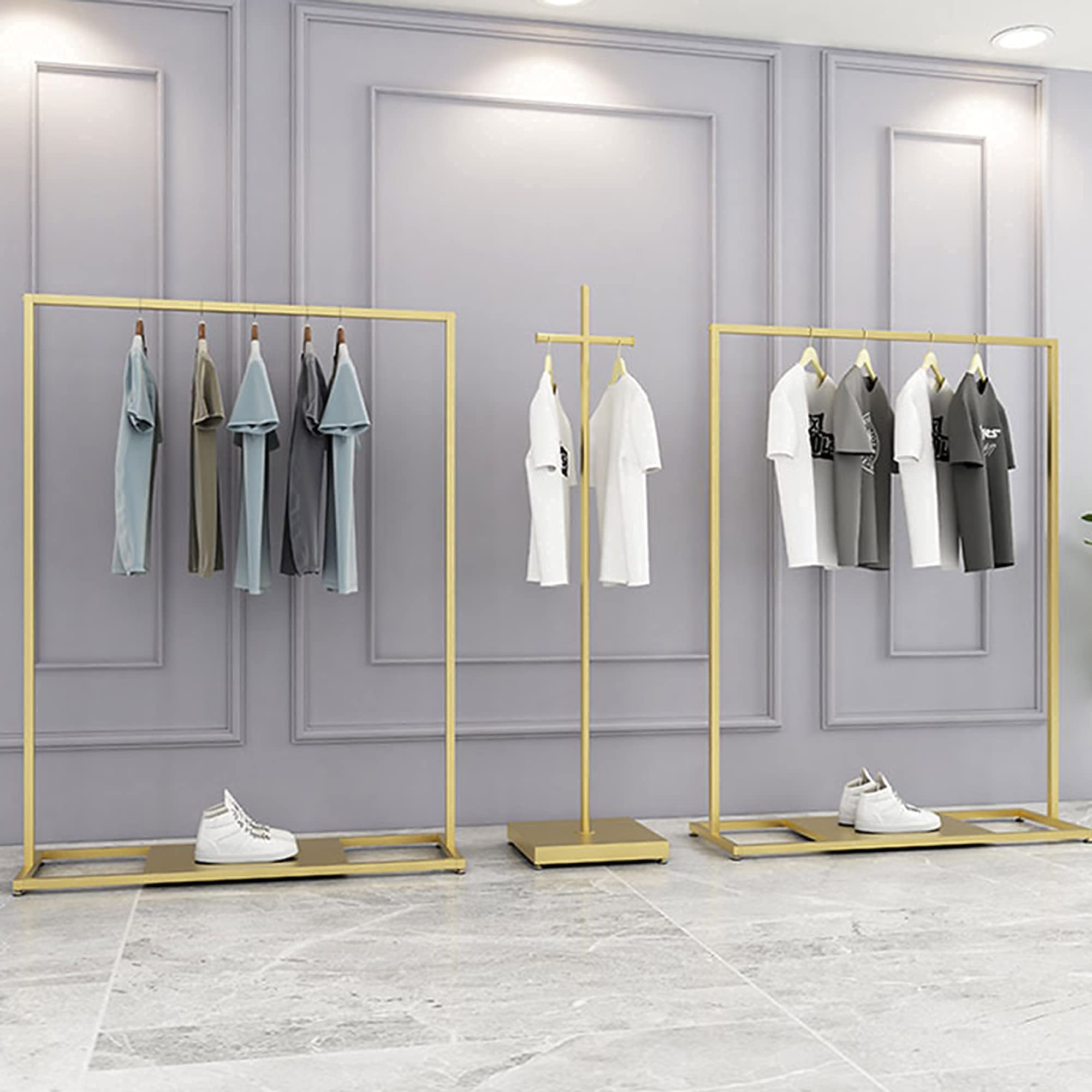 Kleiderständer，Heavy-Duty-Kleiderstangen, Moderne minimalistische Metall-Einzelhandels-Präsentationsständer, Garderobenständer für STO-Schuhkartons,Golden,120 cm,Golden,150 cm