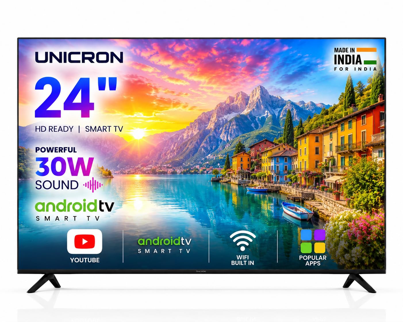 unicron 24 inch android smart tv, hd led television with 30w sound speaker, wifi enabled, ips a+ display panel, gaming, screen mirroring & mobile connectivity