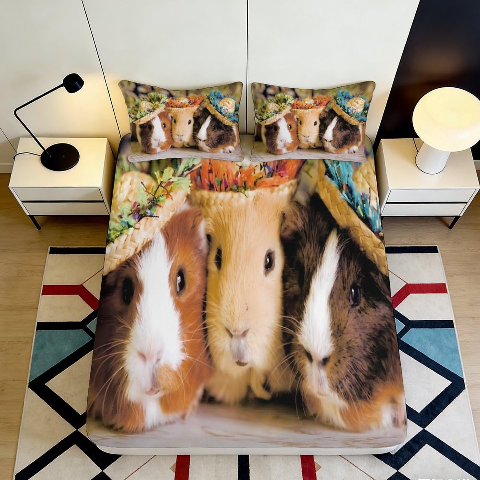 3D Printed Guinea Pig Fitted Sheet Microfiber Soft Breathable Animal Cartoon Bed Cover for Bedroom Dorm Decor 90x200x25cm