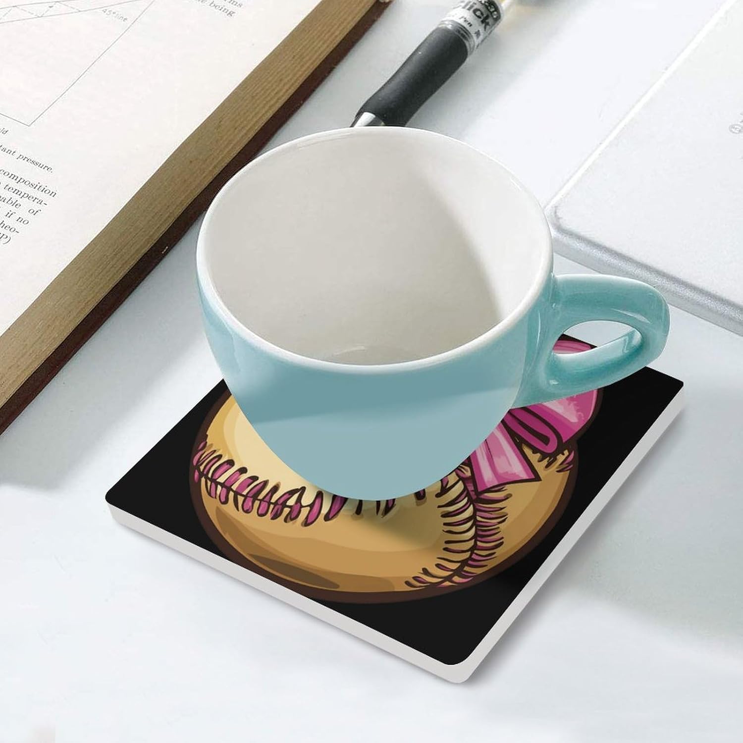 Bow Softball Mom Ceramic Coasters Set Square Drink Coasters Table Coaster for Kitchen Desktop Decor