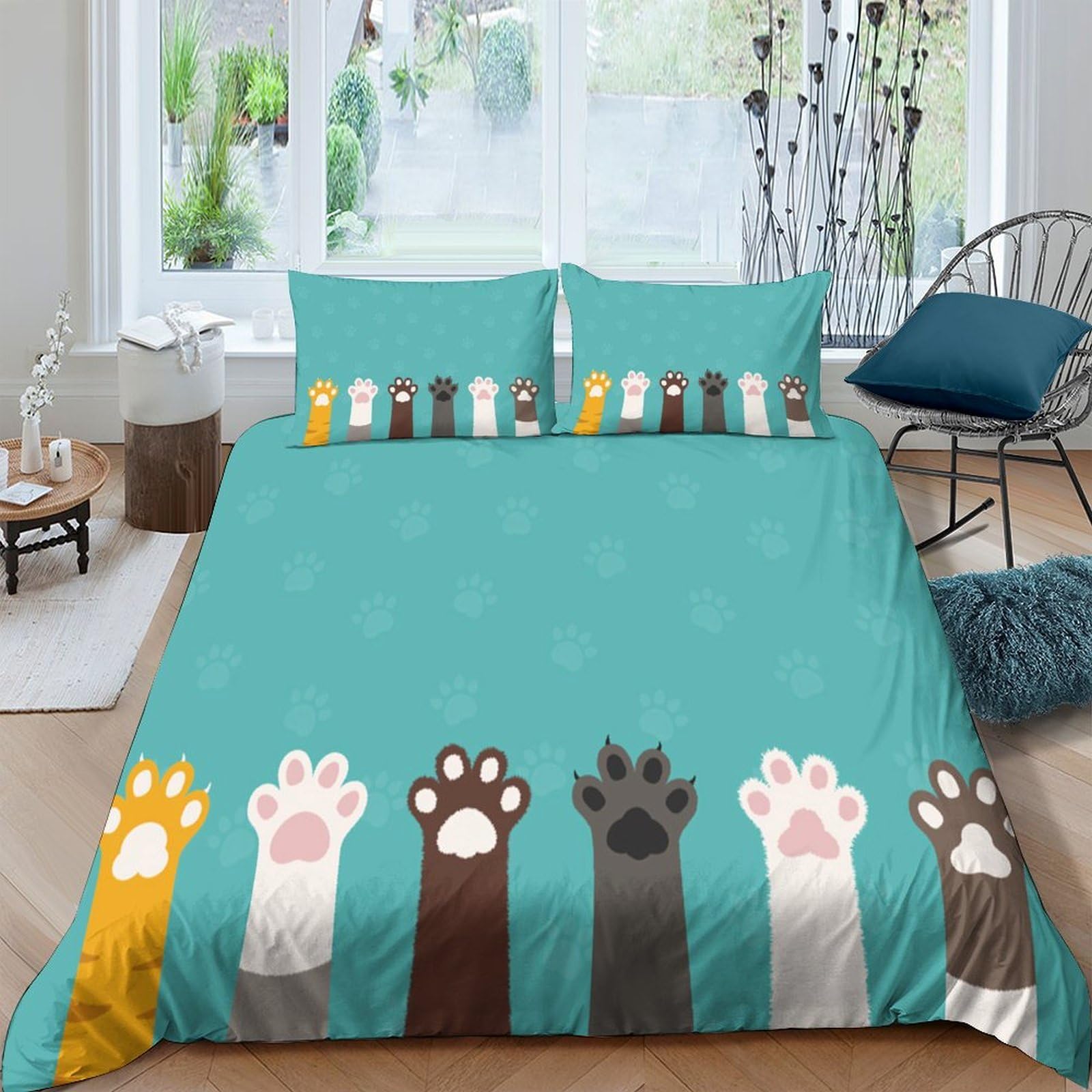 Ctjqhvkz Style-7 3D Printed Cat Paw Pattern Fitted Sheet Microfiber Anti-Slip Mattress Cover Blue Animal Theme Bedroom Dorm Decor Single（135X200cm）