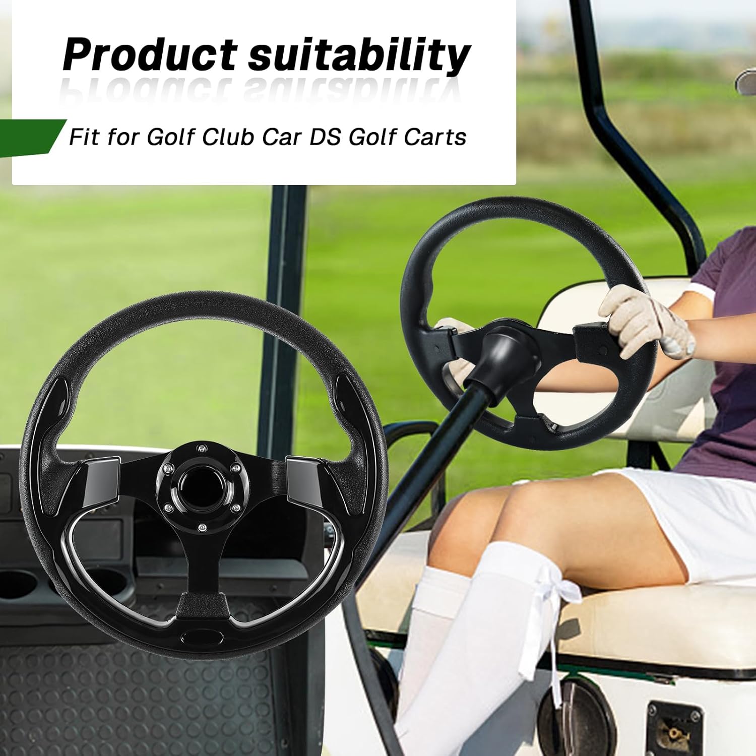 Golf Cart Steering Wheel and Golf Adapter for Club Car DS Golf Carts Bundle-(5156BLACK)