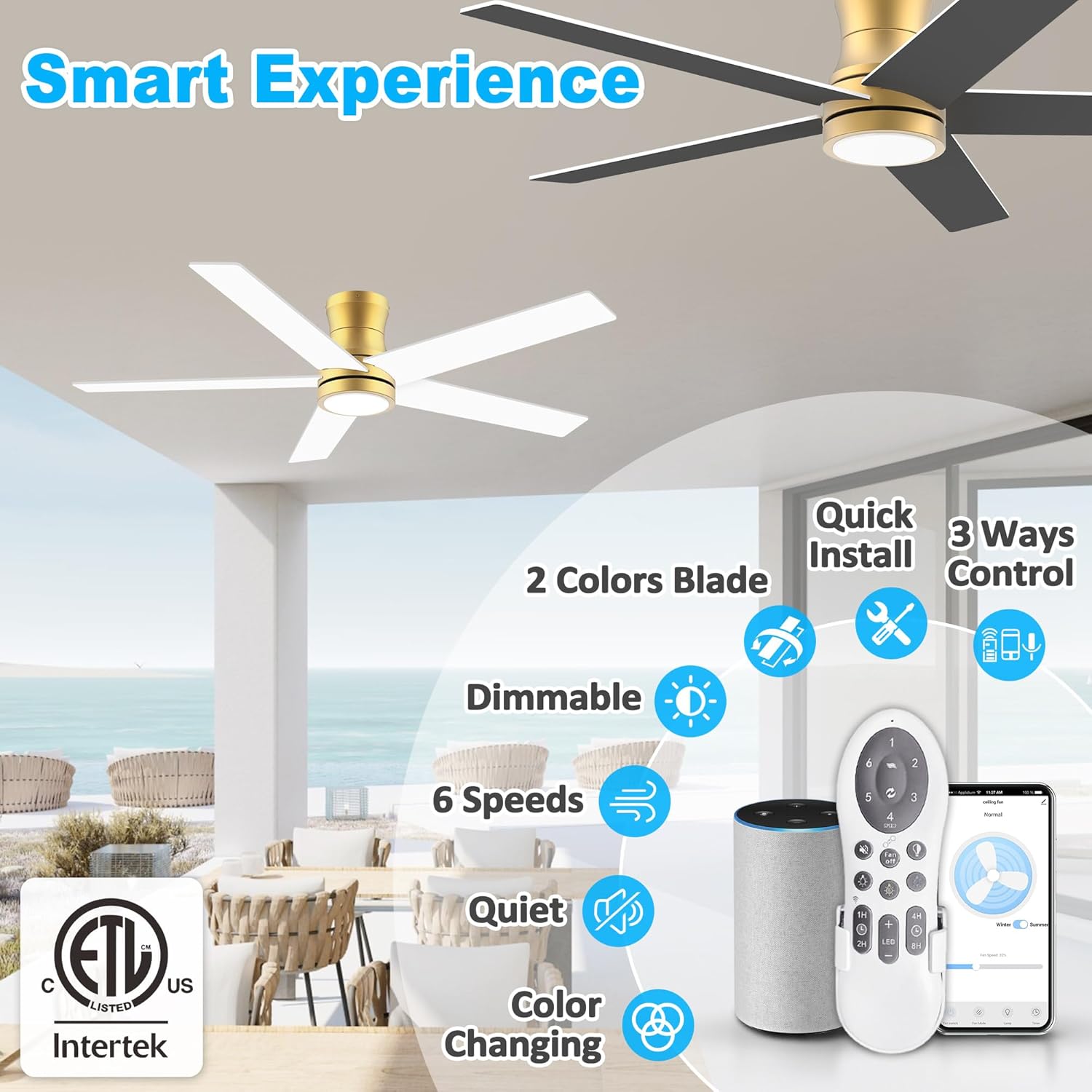 52" Smart Low Profile Ceiling Fans with Lights Remote,Outdoor Indoor Flush Mount Ceiling Fans,Controll by Voice WIFI Alexa App,Quiet DC Motor,Gold White Black Fan for Modern Bedroom Living Room Patio