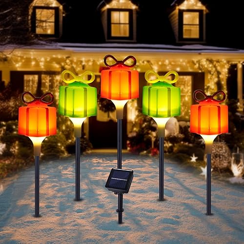 Miniatura 1 de BRIGHTDECK Paquete de 5 luces solares para caminos al aire libre, decoraciones de Navidad LED, caja de regalo colorida, luces de paisaje para