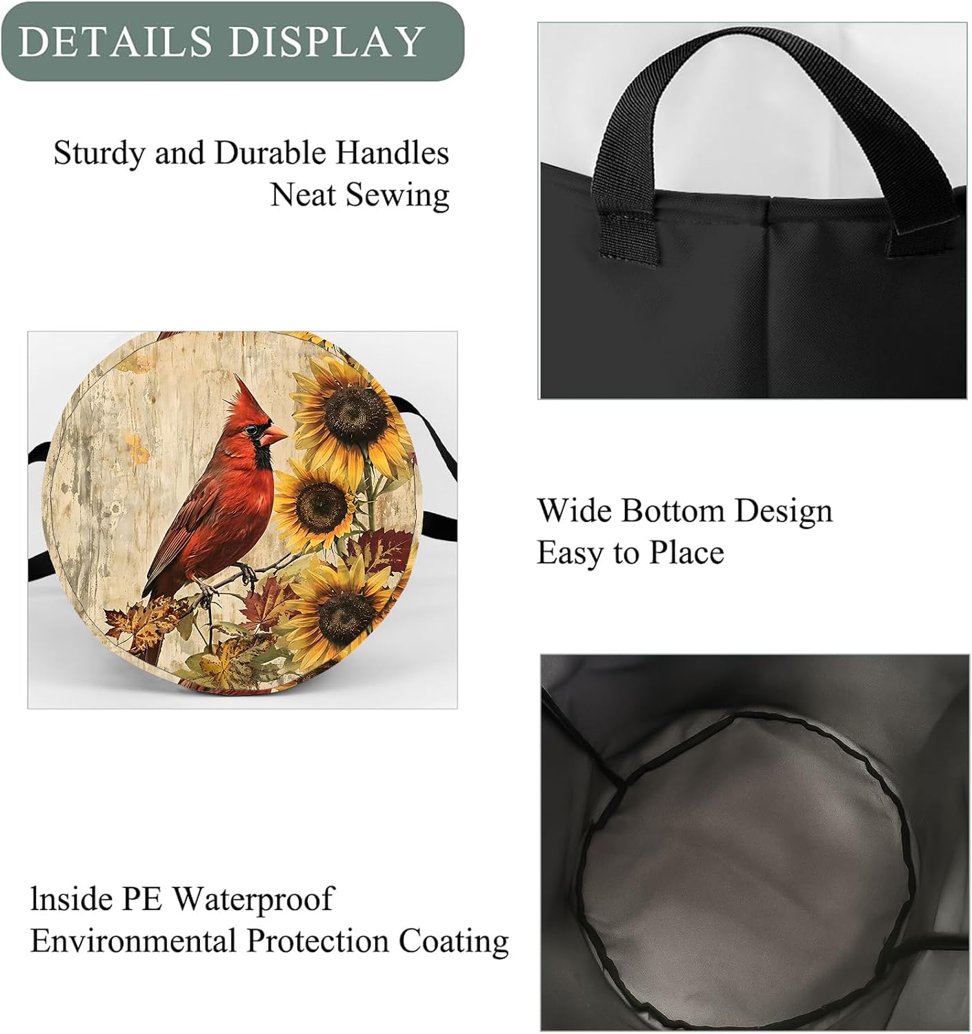 Cute Cardinal Sunflower Laundry Basket Hamper, Organizer Bins Gifts for Women Kids, Rustic Art Foldable Waterproof Clothes Hamper Handles Storage Bucket for Bedroom Bathroom Room Decor 19.7"x15.7"