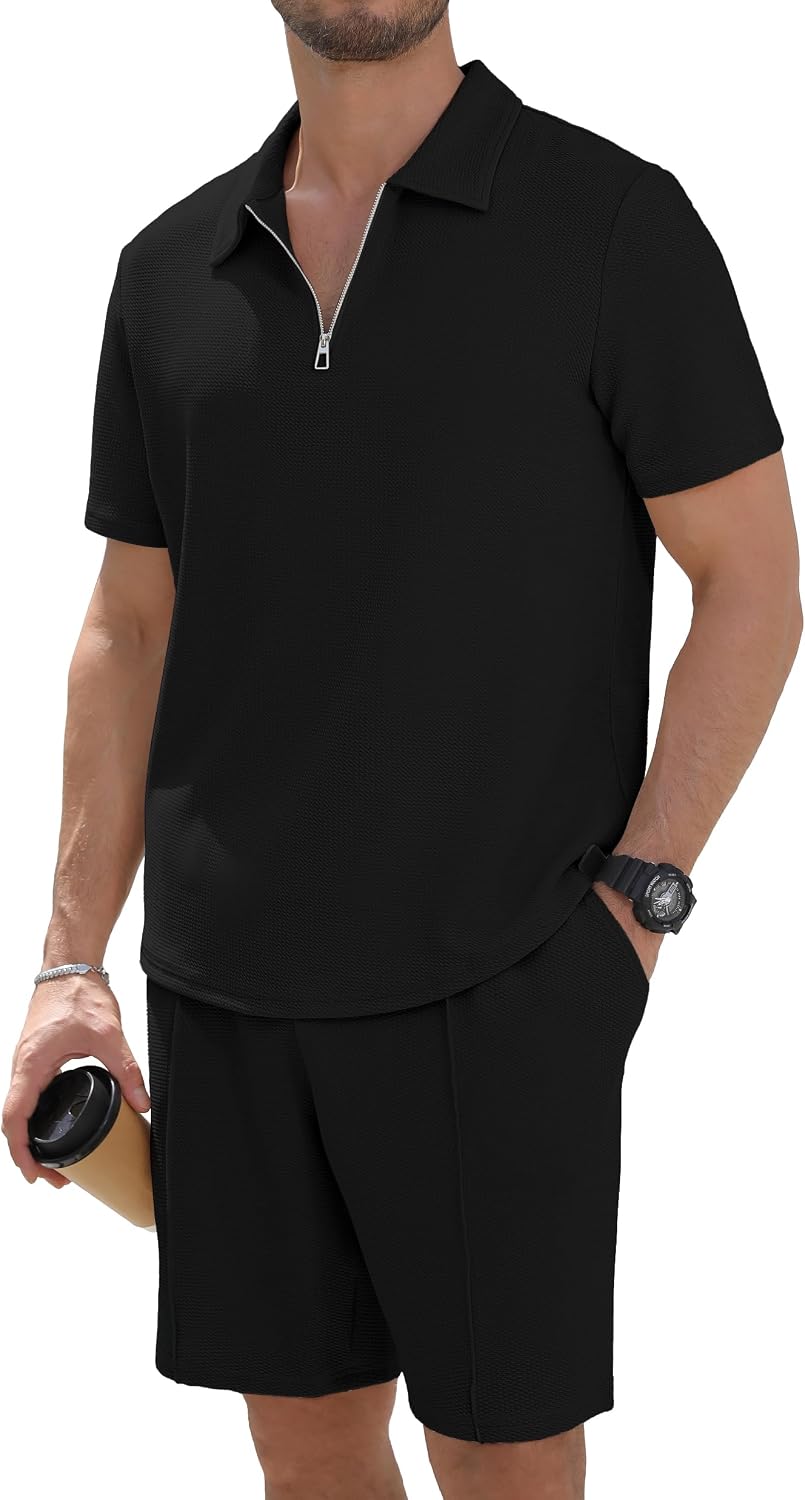 Mens Summer Track Suits 2 Piece Shorts Sets Short Sleeve Sweatsuit Outfits 1/4 Zip Golf Polo Shirts Loungewear