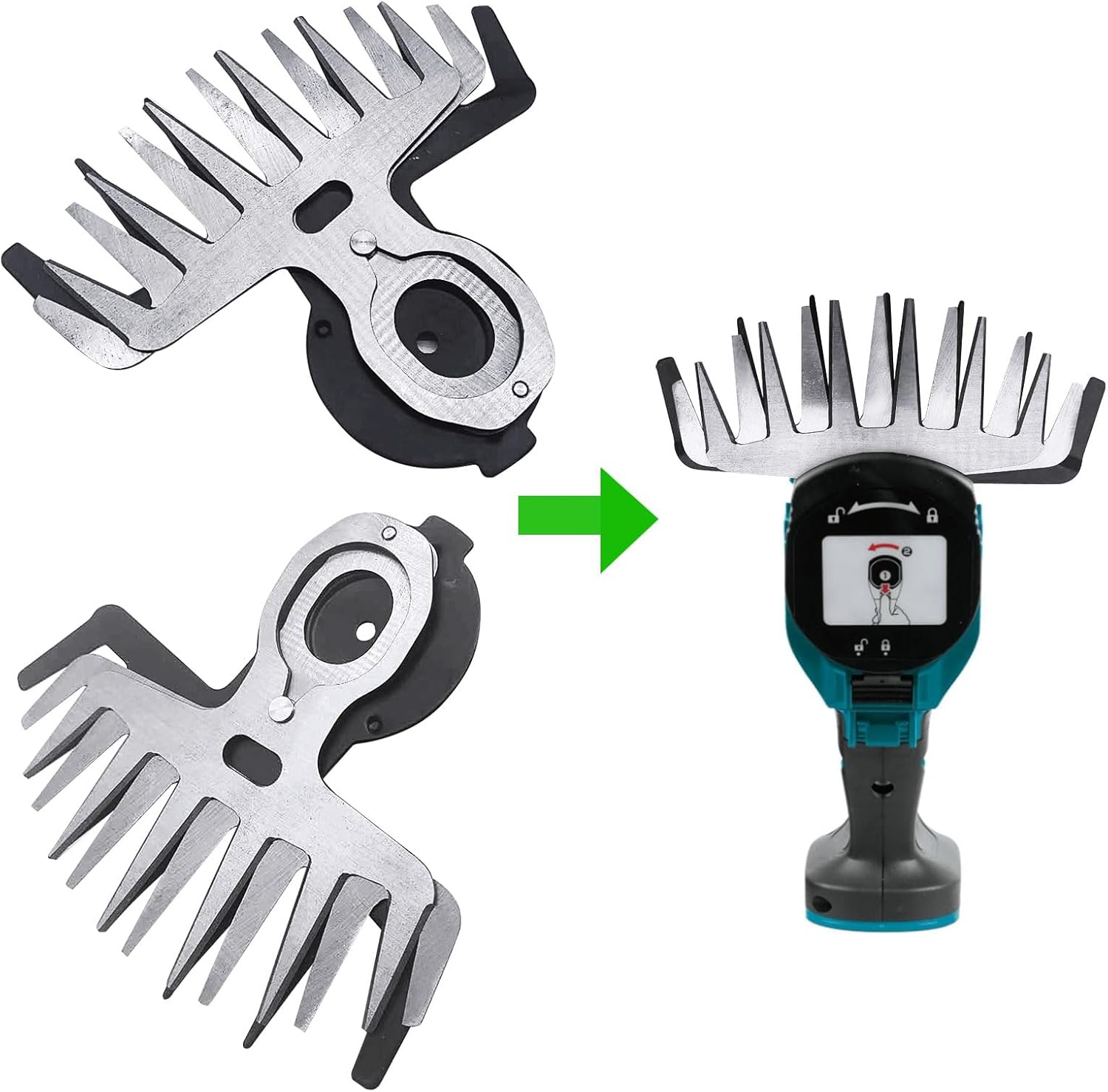 Diagram showing installation of the blade assembly onto a grass shear tool