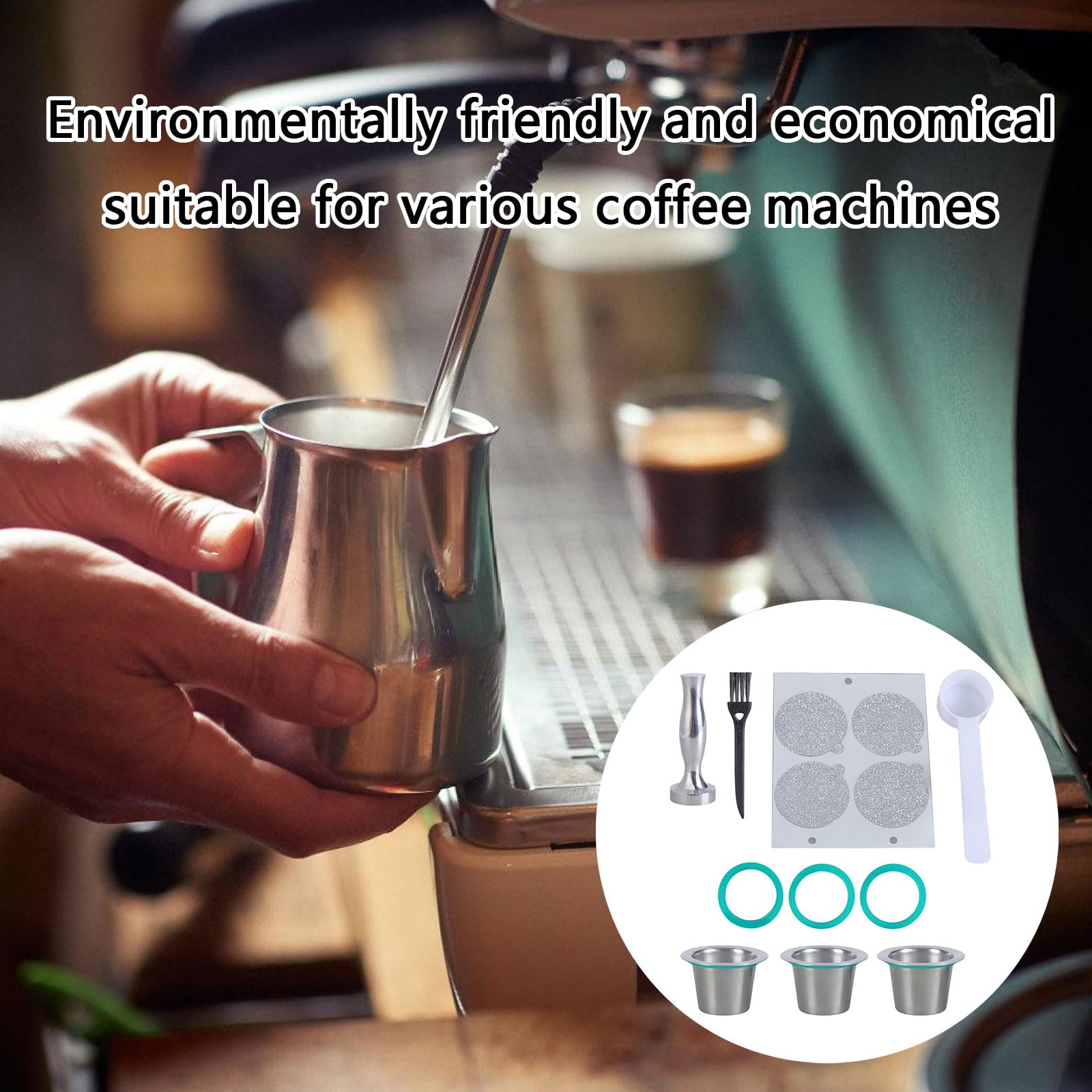 Filtro de cápsulas de café recargables de acero inoxidable con tampón y cuchara, filtro de cápsulas de metal con tampador y cuchara