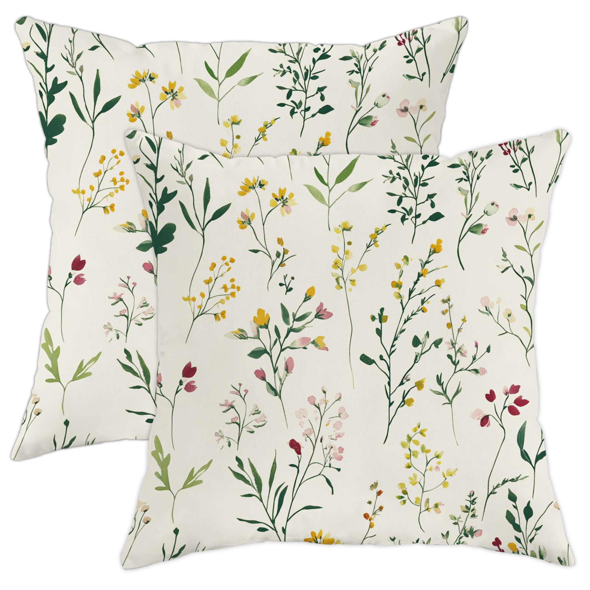 Floral Pillow Covers Set of 2, Cream Wildflowers Botanical Throw Pillows Case, Spring Decorative Square Farmhouse Decor Cushion Covers for Living Room Sofa Bed Couch 18x18 Inch