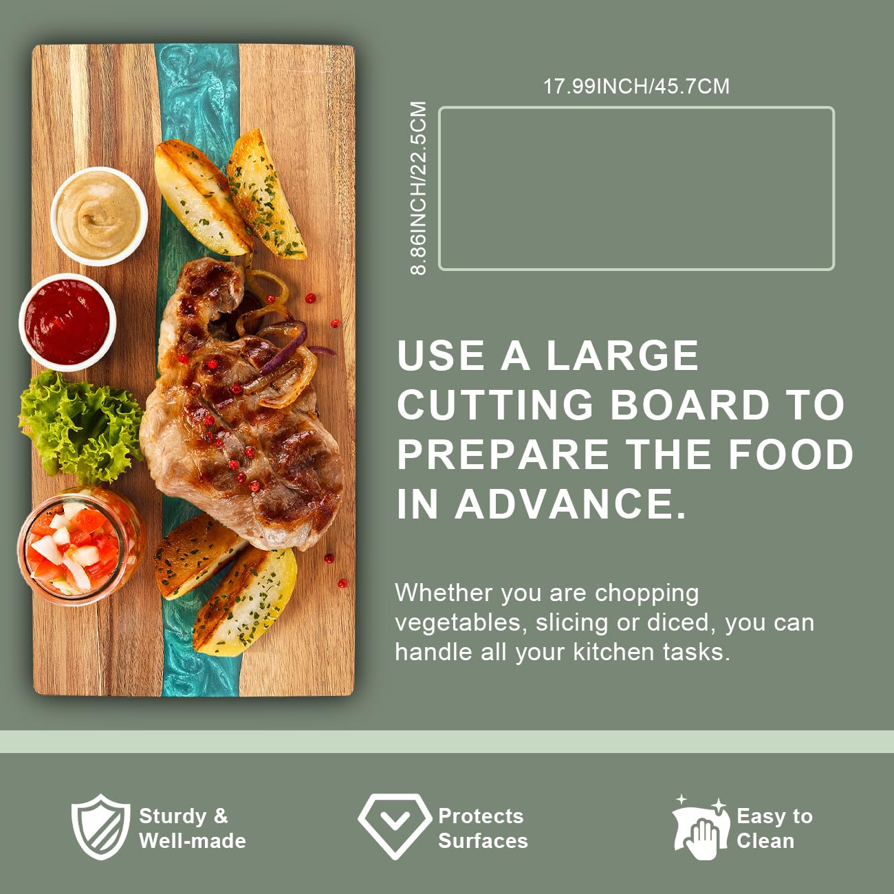 Planche à découper en bois d'acacia avec motif vague en résine – Planche à découper de cuisine pour viande, légumes, fruits et fromage – Plateau de service en bois époxy – 45,7 x 22,9 cm