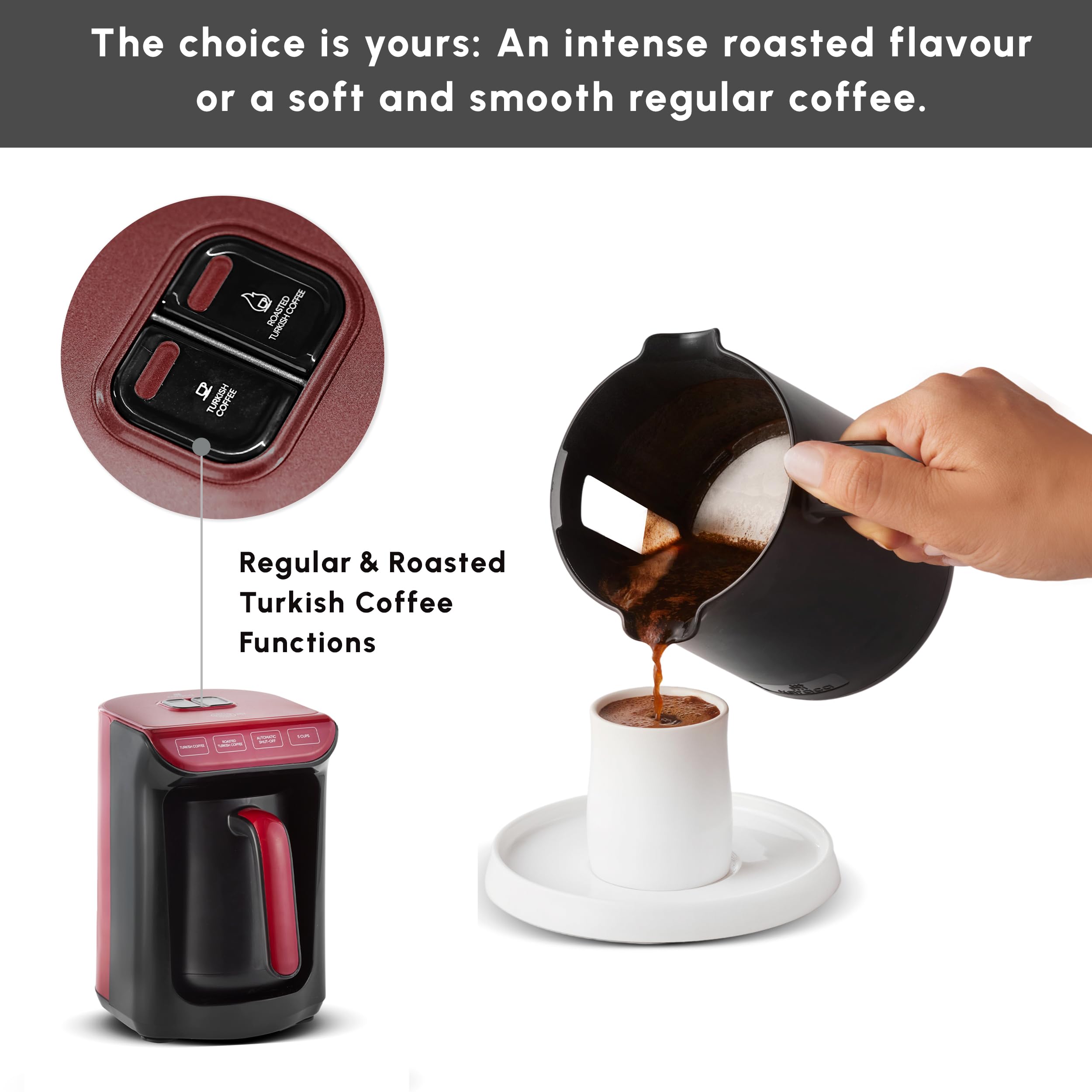 Karaca Hatır Roast turecki ekspres do kawy, czerwony, pojemność 5 filiżanek, duża ilość piany, 535 W, system ostrzegania głosowego, system ostrzegania przed światłem, miarka, łatwe czyszczenie