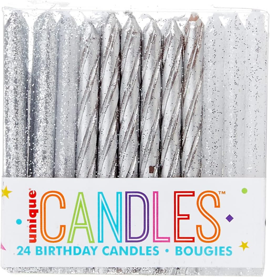 Unique Party 19975 - Silver & Glitter Spiral Birthday Candles, Pack of 24, Silver,6 centimeters