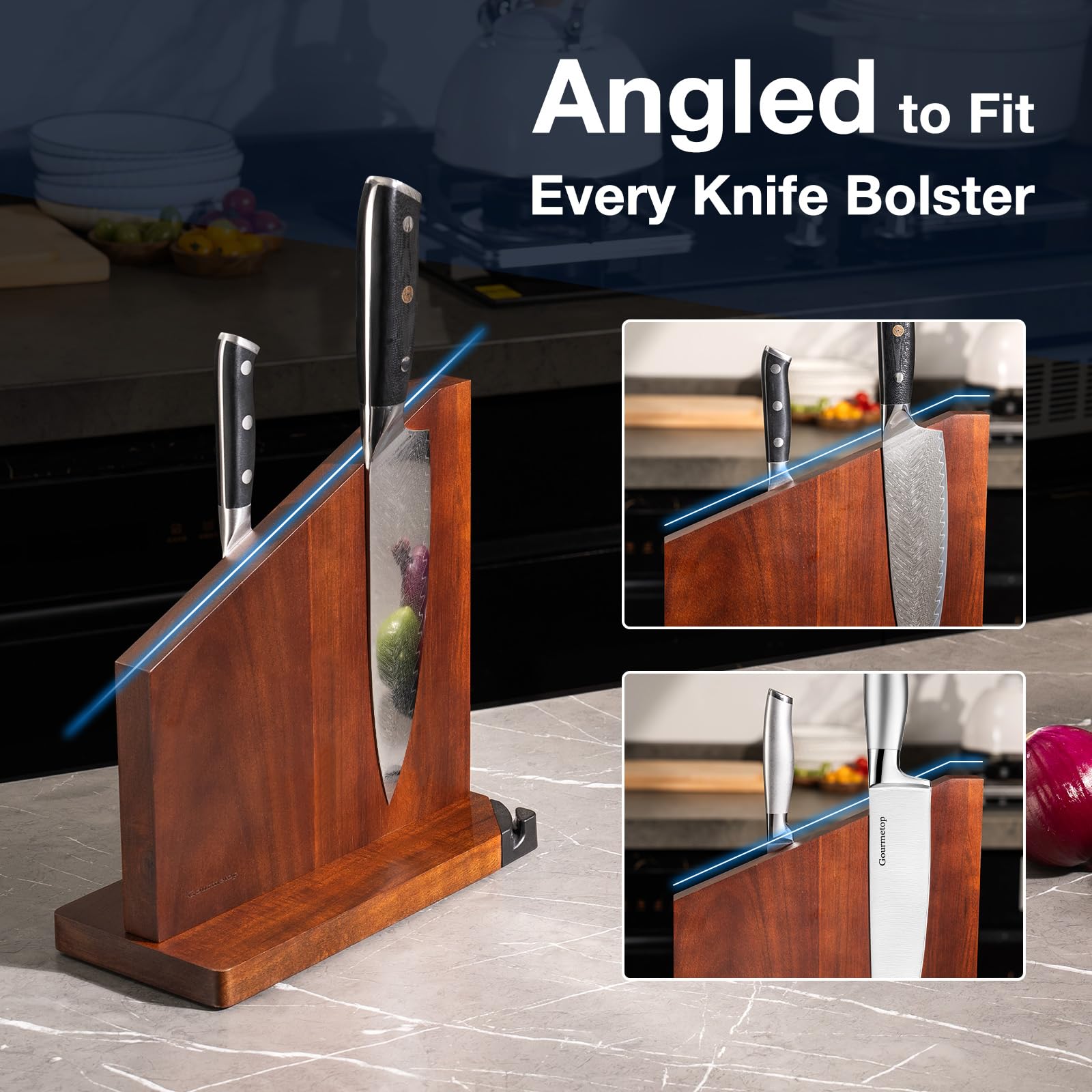 Gourmetop Porte-couteaux magnétique avec aiguiseur intégré, 100 % bois d'acacia magnétique sans couteaux, support de couteaux magnétique double face solide pour l'organisation du comptoir de cuisine