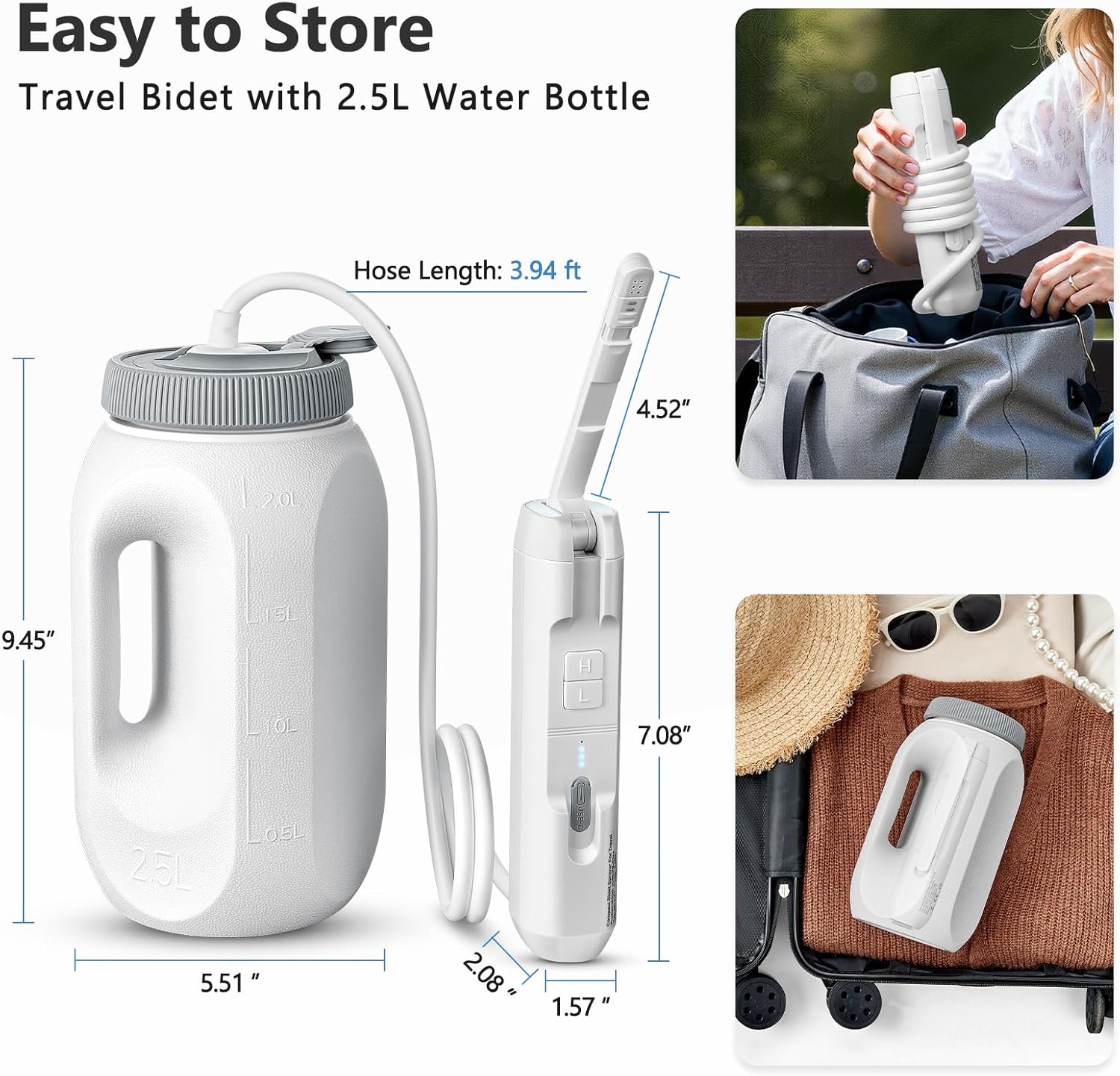 Portable Bidet for Home & Hotel use, Travel Bidet with Adjustable High Pressure & Flush Angle, IPX7 Waterproof, 1600mAh Electric Bidet for Women & Men with 2.5L Reservoir