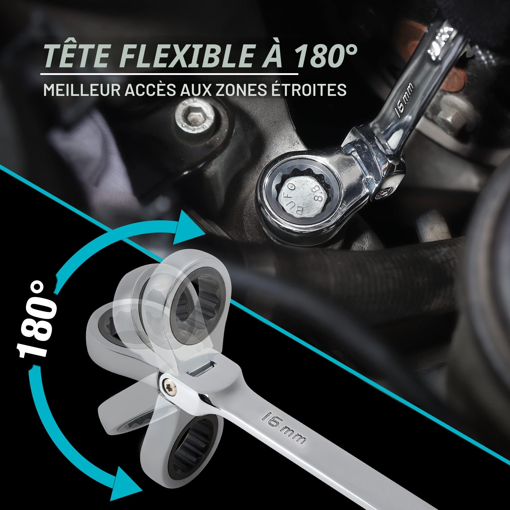 DURATECH Jeu de Clés à Cliquet Articulées 8-19 mm, Mixtes à Cliquet Tete Flexible 12 pièces, Lot de Clé Plate à Cliquet, en Acier au Chrome Vanadium avec Pochette Enroulable