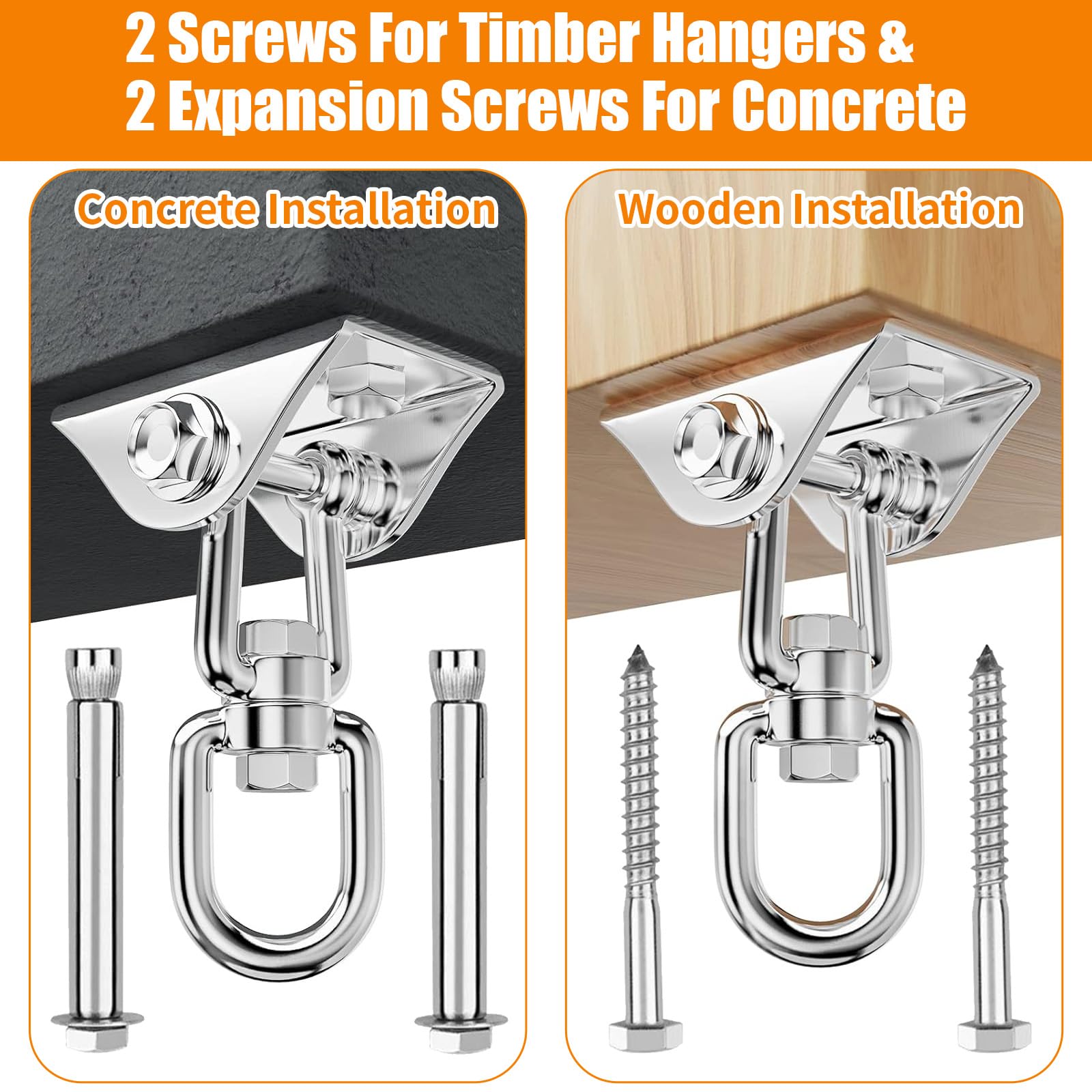 2 Piezas Ganchos Techo Acero Inoxidable para Hormigón y Madera, Soporte Saco Boxeo 450kg Capacidad con Fijación Tornillo, Anclaje Pared 360 ​​° Rotación para Columpios, Hamacas, Silla Colgante, Yoga