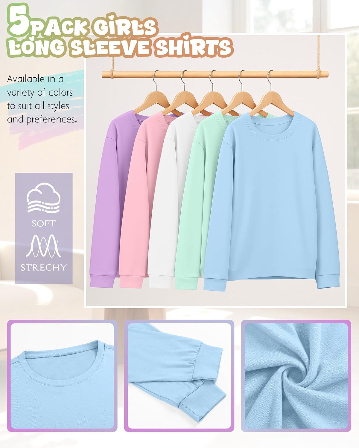 5 Pack Girls Long Sleeve Shirts Kids Loose Round Neck Casual Toddler Basic Tops Soft Cute Tween Youth Tee