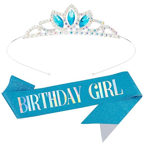 Miniatura 1 de COCIDE "BIRTHDAY GIRL Fajas y tiaras para niñas, coronas y tiaras de cumpleaños azules para mujeres, kit de accesorios de fiesta, tiara de feliz