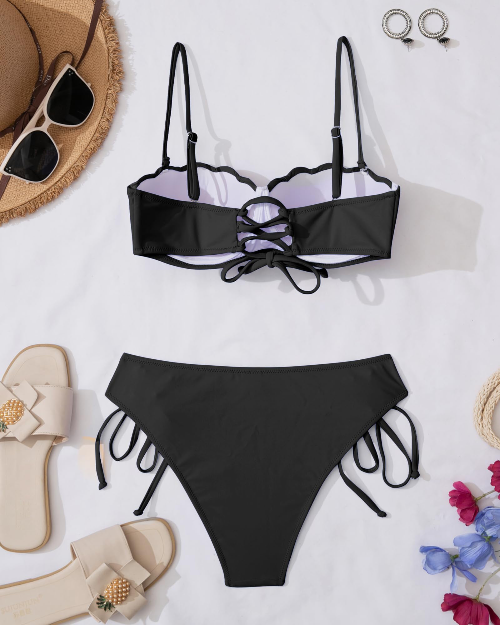 KerryKreey Underwire Swimsuits for Women Push Up Bikini Sets High Cut Cheeky Two Piece Lace Up Tie Side Bathing Suits: Medium Black Bikini Sets