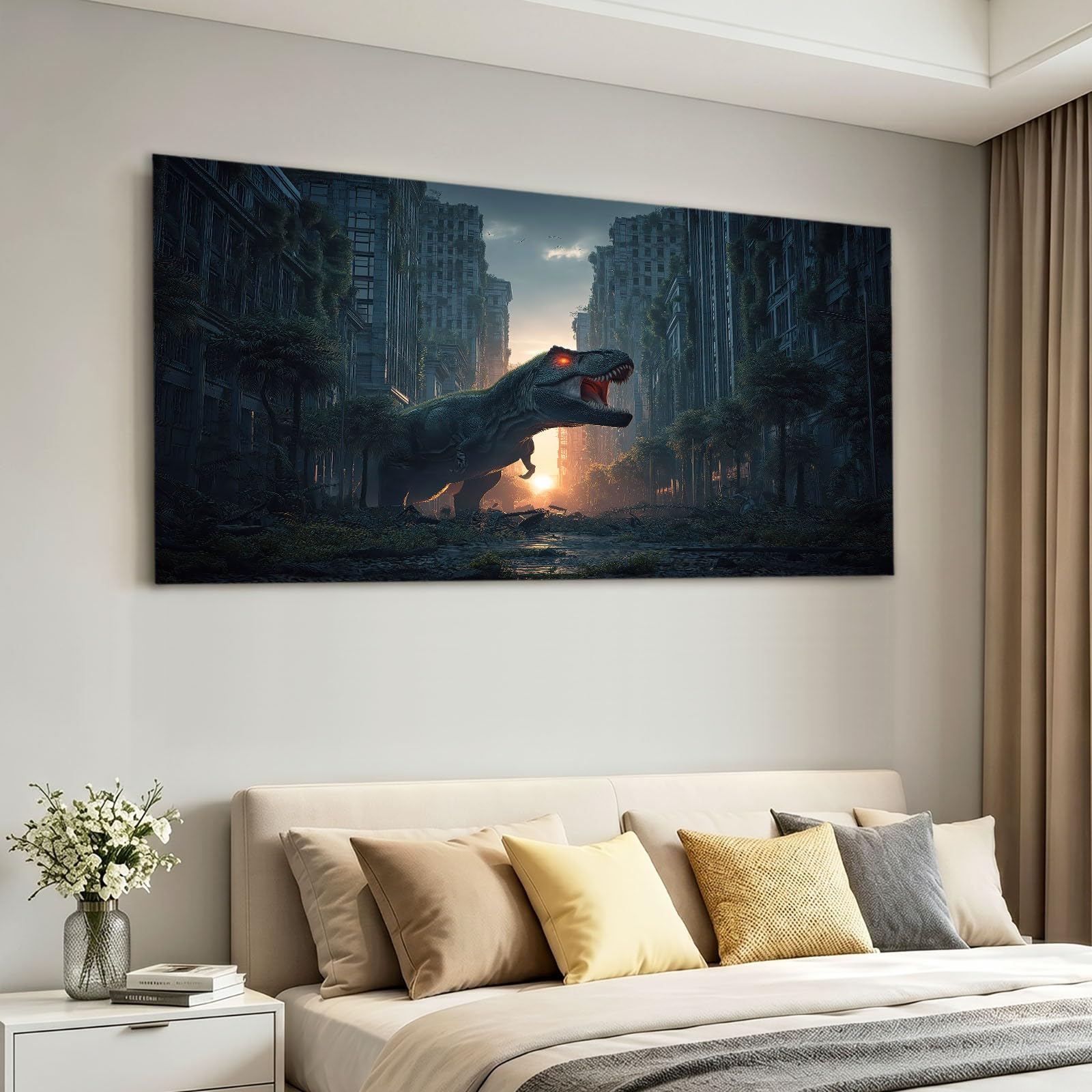 Leinwand Bilder 120 x 80 cm Wanddeko Wohnzimmer - 3D Fantasie Tiere Room Decor Deko Zimmer Wandbilder, Bild auf Leinwand Dinosaurier Film Stadt Hochhäuser, Schwarz