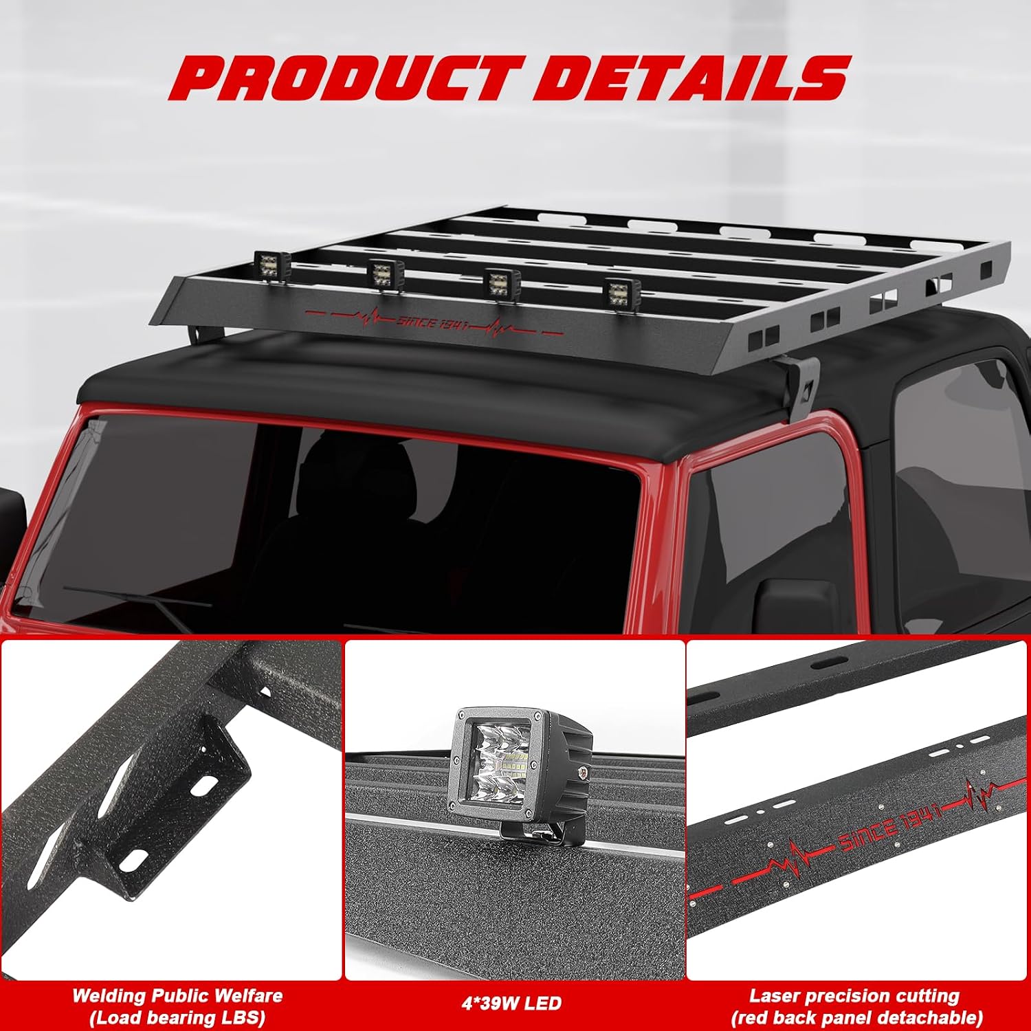 Roof Rack Cargo Basket Crossbar for 1997 1998 1999 2000 2001 2002 2003 2004 2005 2006 Jeep Wrangler TJ Hardtop, Cargo Carrier Rooftop Luggage Storage Holder with 4X18W LED Lights