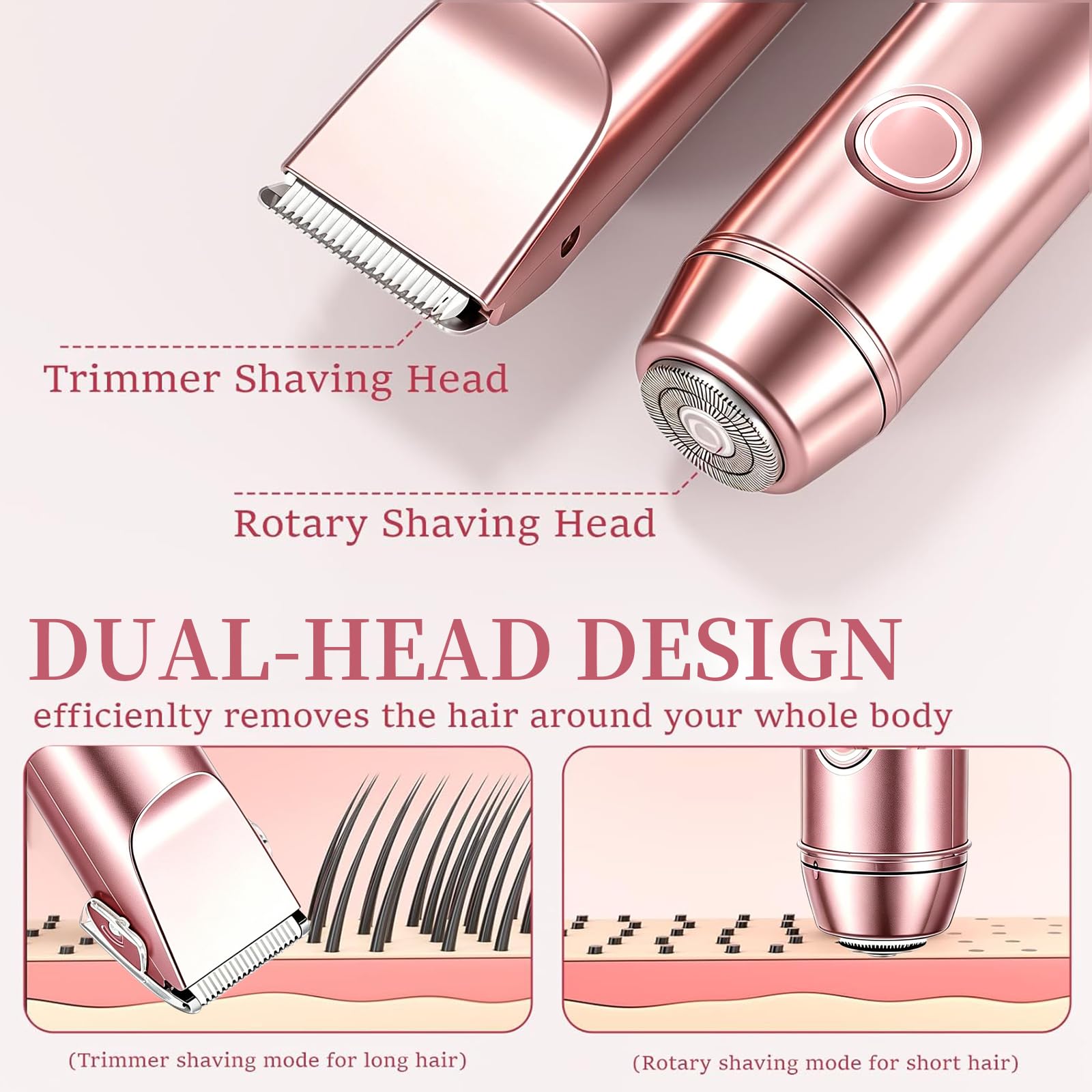 2 in 1 Rasoir Electrique Femme, Tondeuse Intime & Visage, Étanche IPX7 Humide/Sec, avec Écran LED et Lames Hypoallergéniques pour Zones Sensibles, Précise et Sans Irritation (Rose)