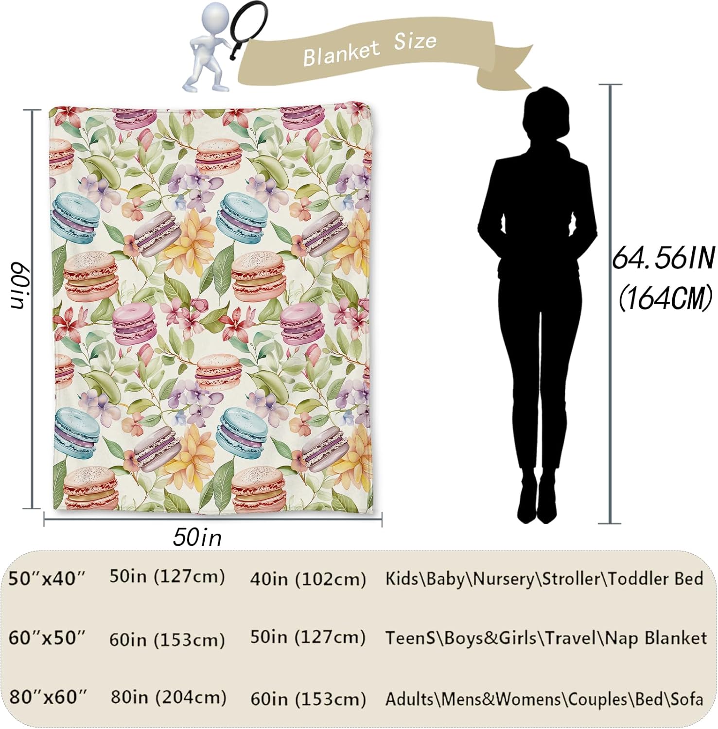 Macaron & Floral Blanket | Soft Fuzzy Warm Lightweight Flannel Throw Blanket Perfect for Couch, Bed, Travel & Outdoor Use, Cozy Blankets for Adults Kids Women 80×60 in