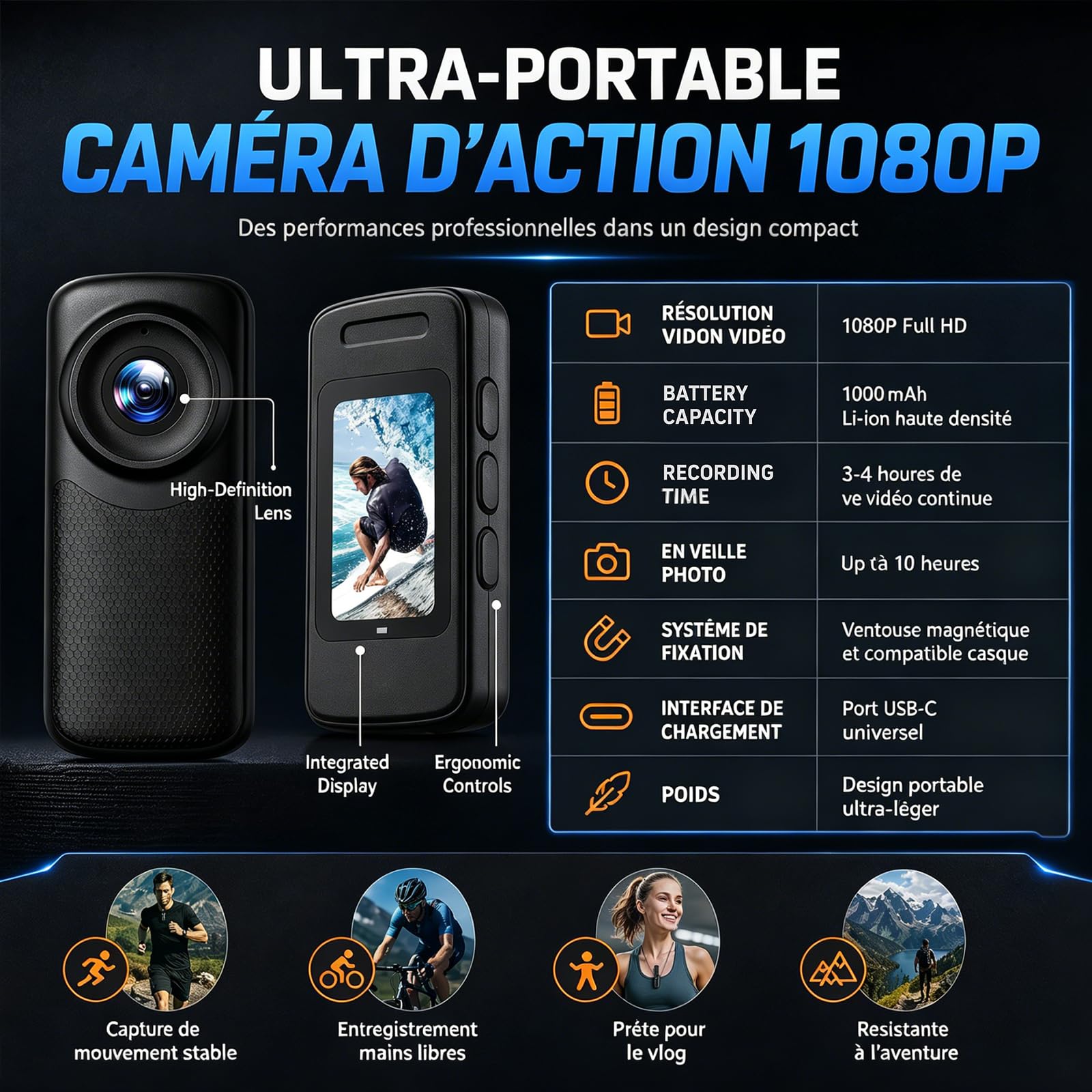 Caméra d'action magnétique portable 1080p HD avec objectif grand angle de 110 degrés et batterie de 1000 mAh pour promenades avec animaux de compagnie, travail, voyage, enregistrement en plein
