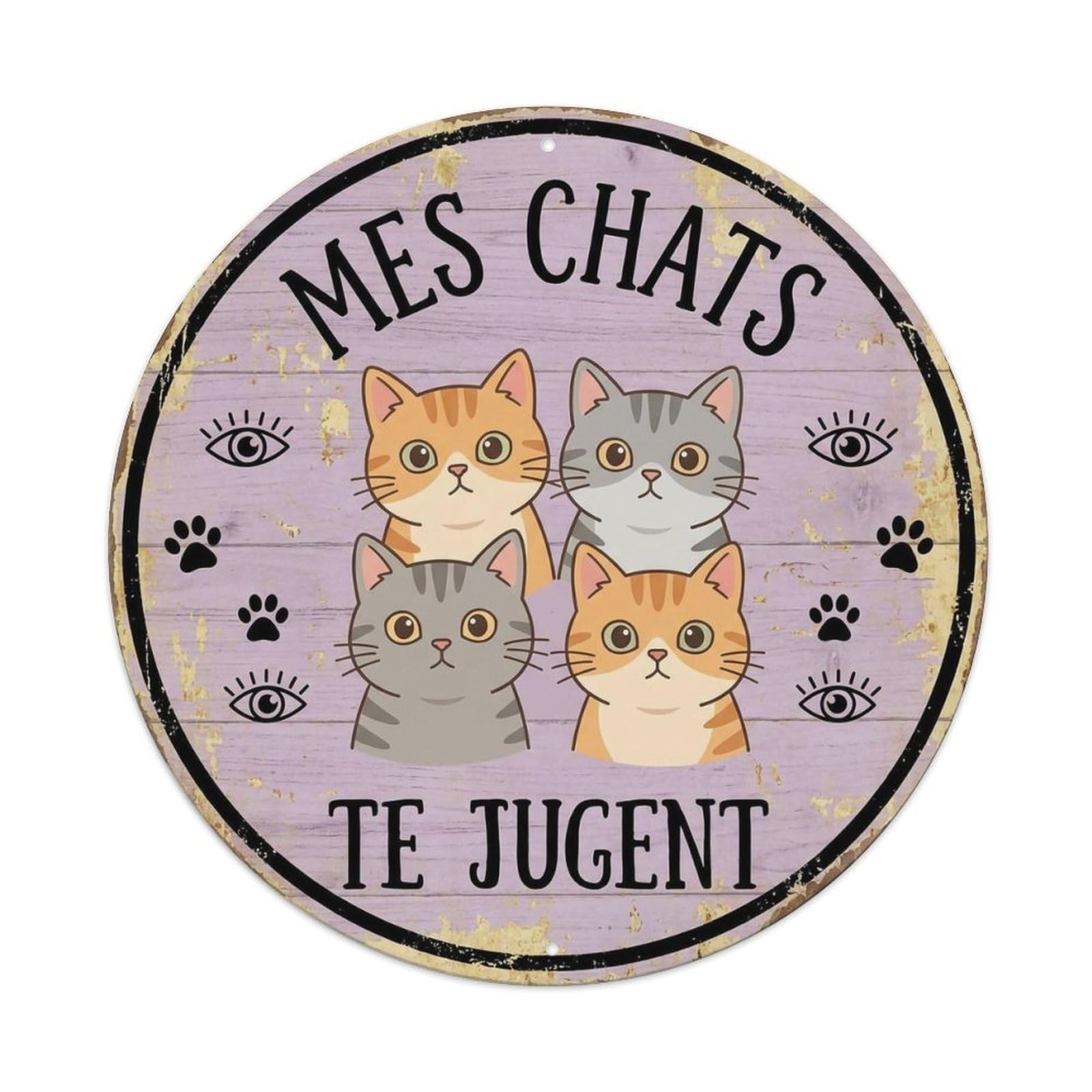 Cat Judging Round Wall Hanging Metal Tin Sign
