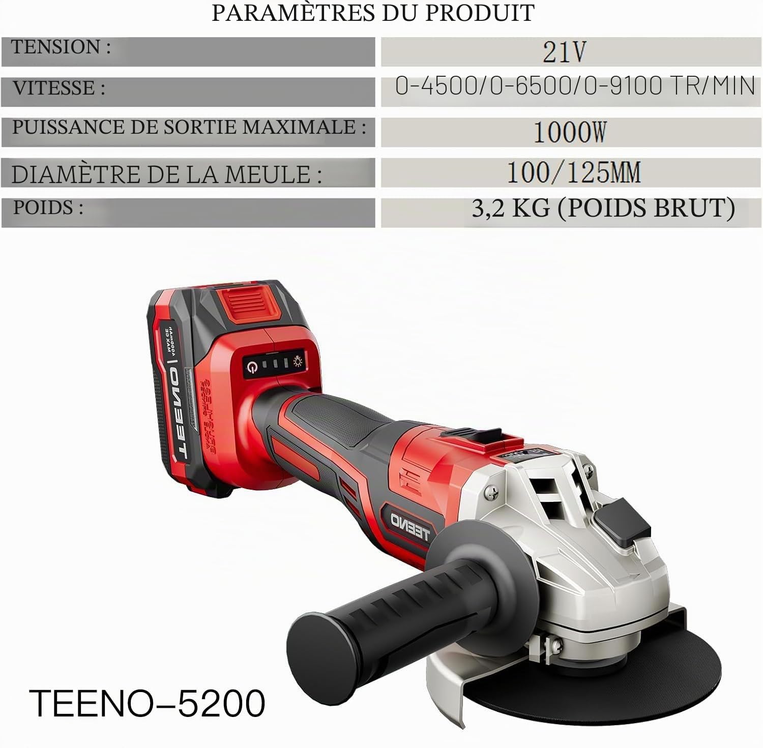 TEENO Meuleuse d'angle sans fil 21 V 1 000 W丨Ø 125 mm丨9100 tr/min