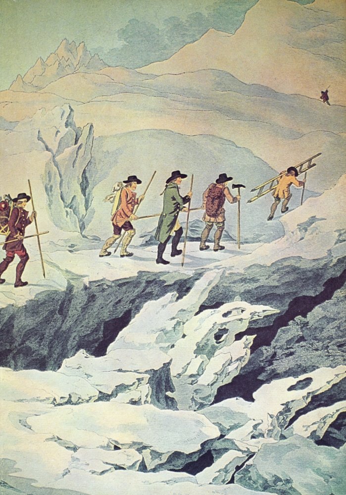 Alpine Mountaineering Nhorace Benedict De Saussure With Several Of The Eighteen Guides He Employed On His Successful Attempt At Scaling Mont Blanc In 1787 Detail Of A Contemporary Aquatint Poster Prin
