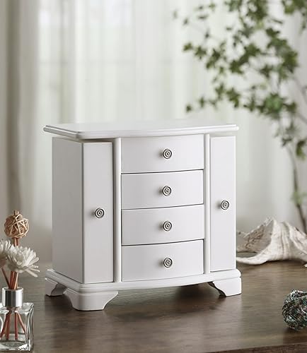 Miniatura 9 de Stufurhome Snow - Joyero de 4 cajones con 2 compartimentos laterales y un compartimento superior con soporte para espejo y anillos, color blanco