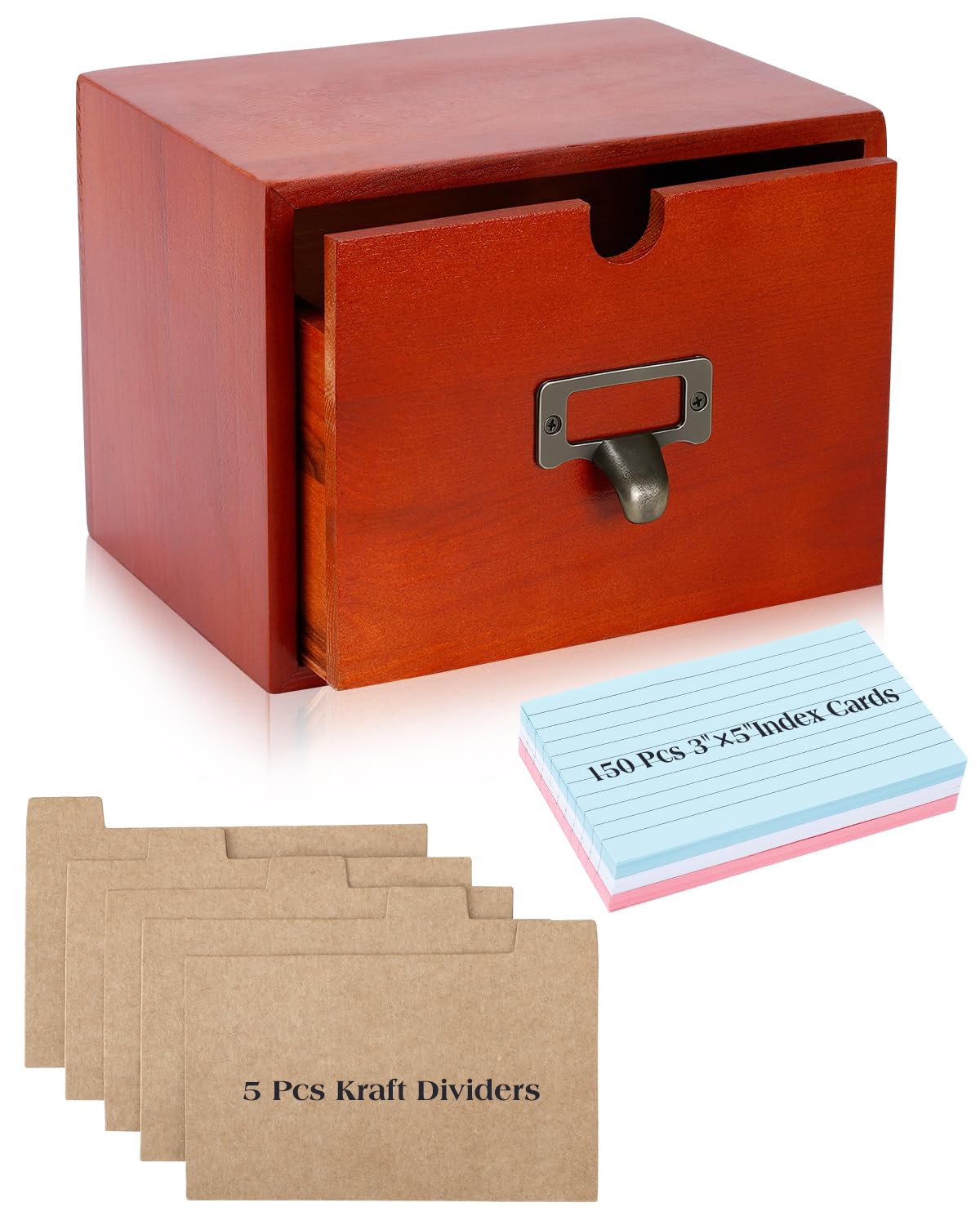 Organiseur de cartes d'index en bois massif avec tiroir pour cartes de recettes, cartes flash, cartes de visite, intercalaires et 150 cartes de couleur 7,6 x 12,7 cm