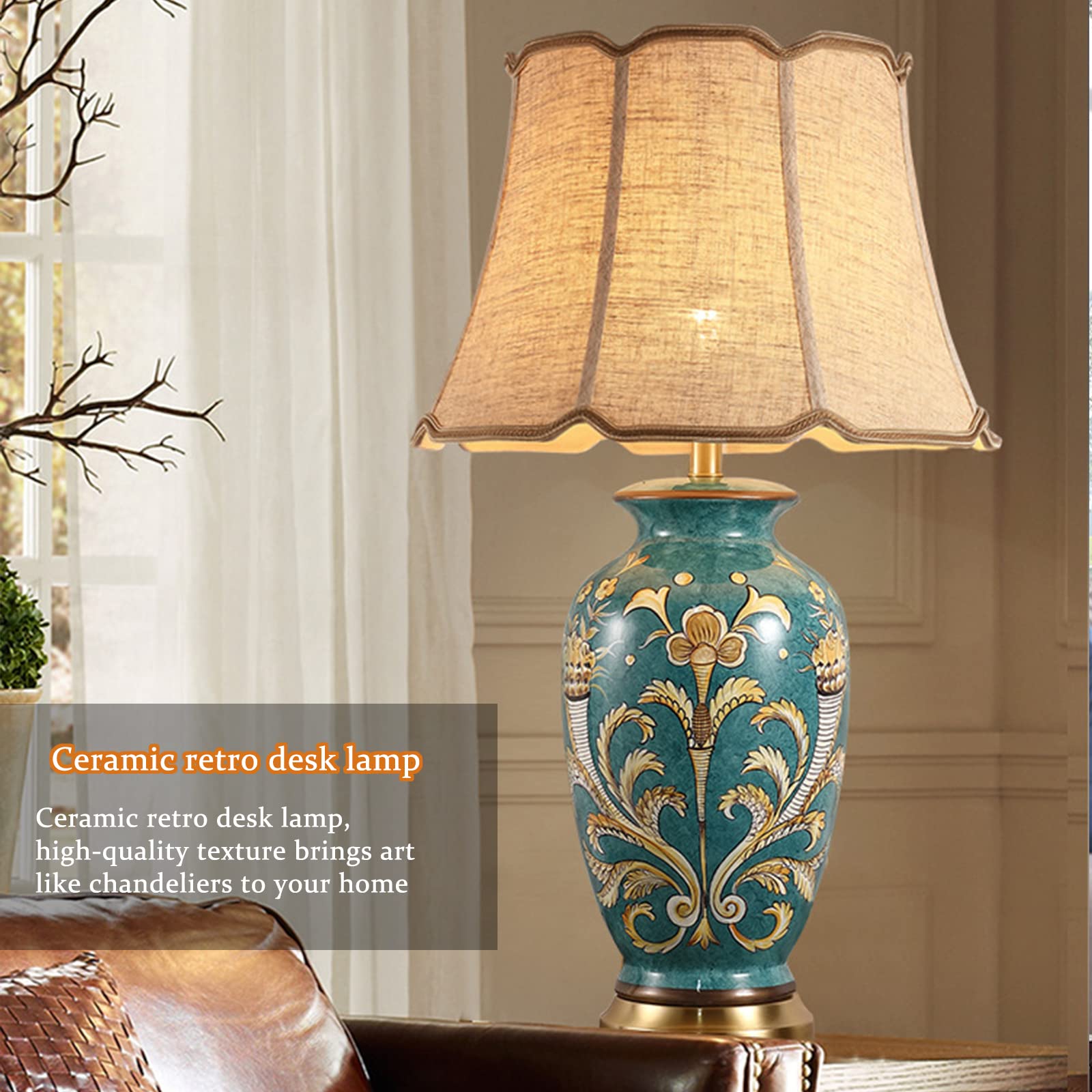 Lampada da tavolo in ceramica, dipinta a mano, design asiatico con motivo floreale e uccello, elegante decorazione per la casa per camera da letto, soggiorno, studio, paralume a campana con rami alti