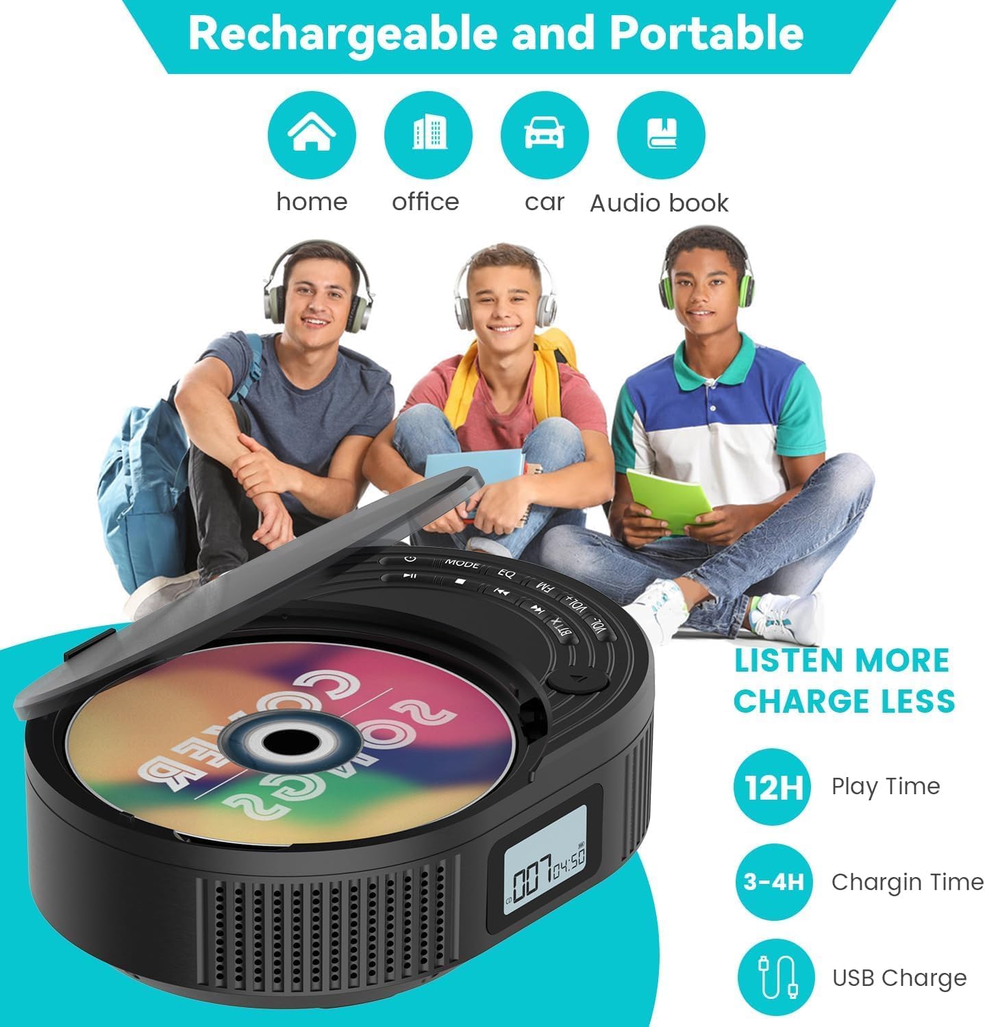 MONODEAL Lettore CD Bluetooth e radio FM 2 in 1, ricaricabile, lettore CD portatile con altoparlante, supporto AUX/USB, nero