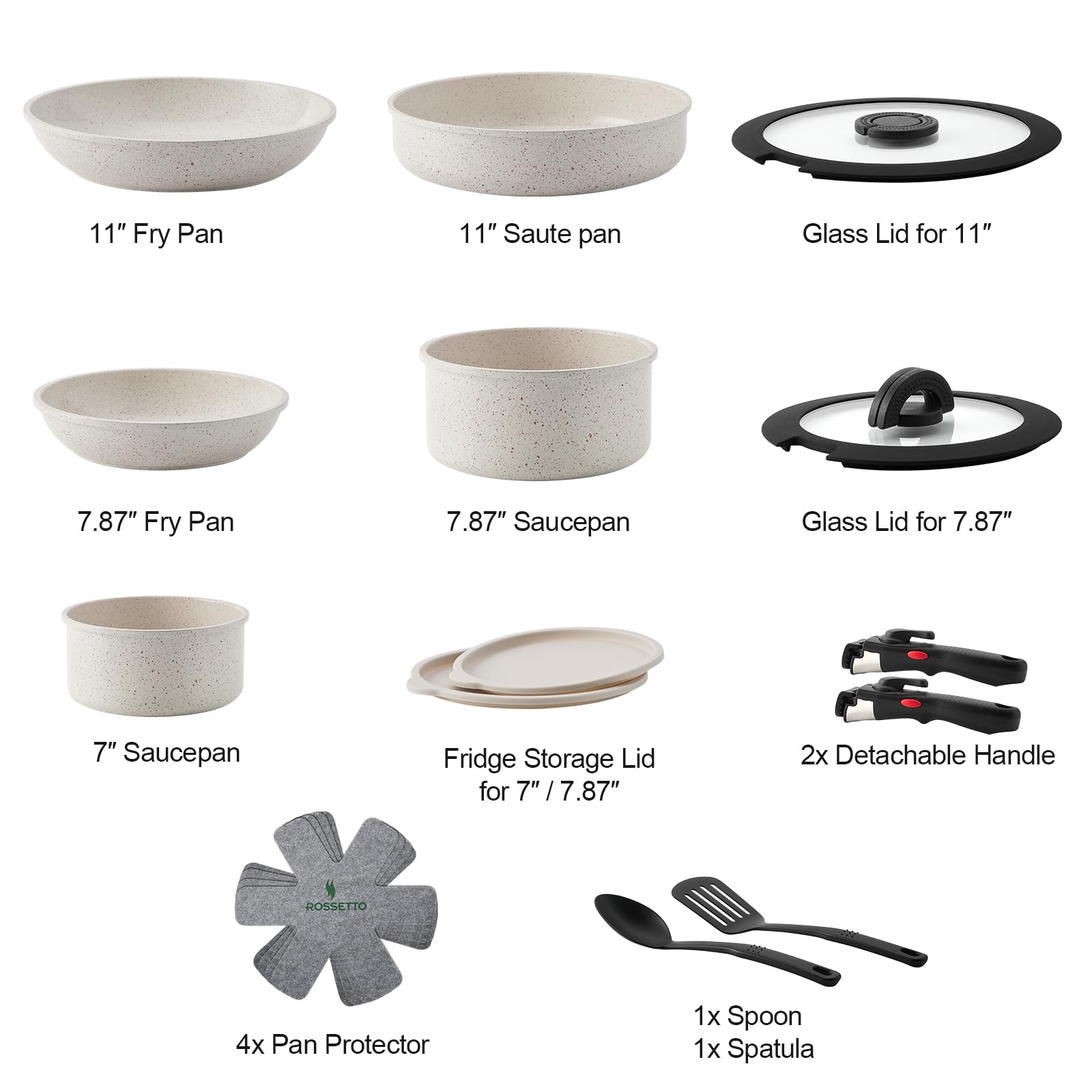 ROSSETTO Batterie de Cuisine, Set de casserole poele induction avec poignée amovible et revêtement anti-adhésif en céramique, empilable Set de casseroles (Gris Cendré, 15 pièces)
