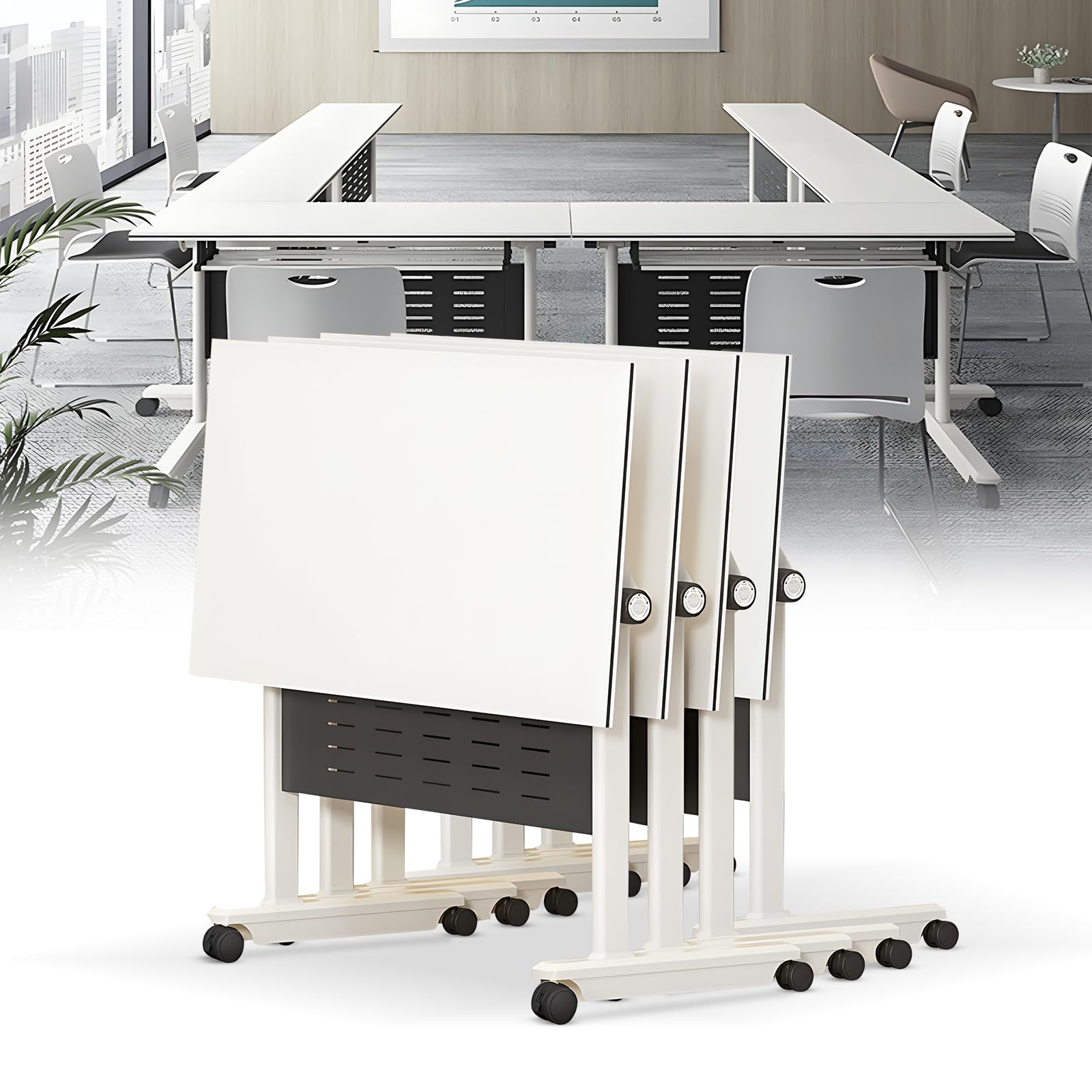 Tavoli da conferenza pieghevoli e mobili, 160 x 40 cm, con piano ribaltabile e ruote, ideali per ufficio, sale riunioni, corsi di formazione e seminari. Set da 4 pezzi con vano portaoggetti.