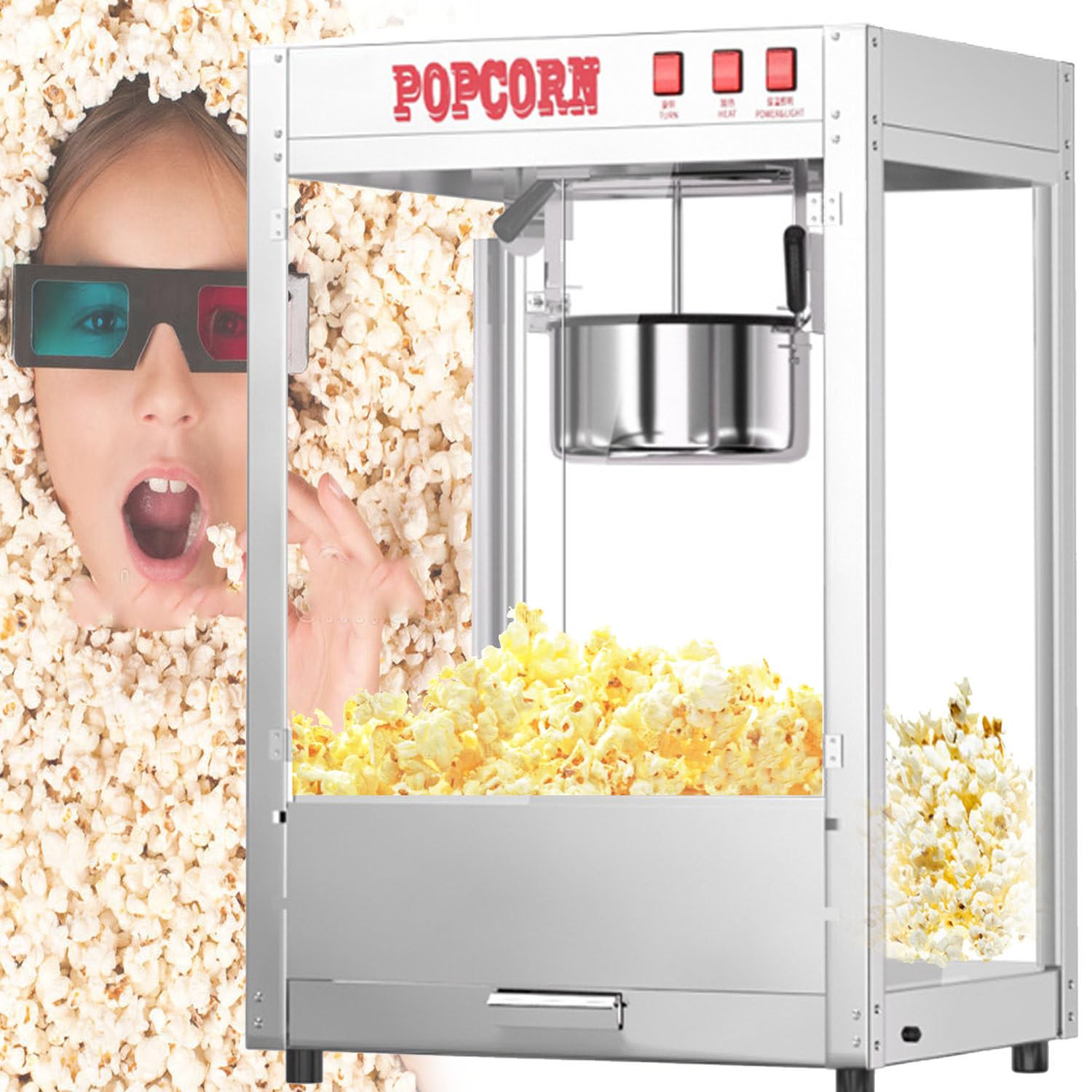 Grande Macchina per Popcorn Aria Calda, Macchina per Popcorn da 1600 W Macchina per Popcorn Stile Commerciale, Macchina Riscaldamento Fuoco Acciaio Inossidabile, per Feste in Casa