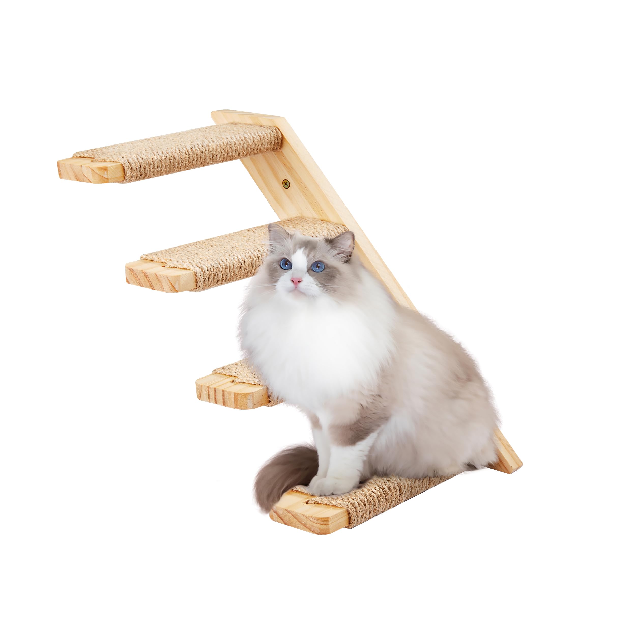 1PC Wall Mounted Cat Climbing Shelf, Wooden Four Steps Cat Stairway Reversible Left & Right Direction with Sisal Rope