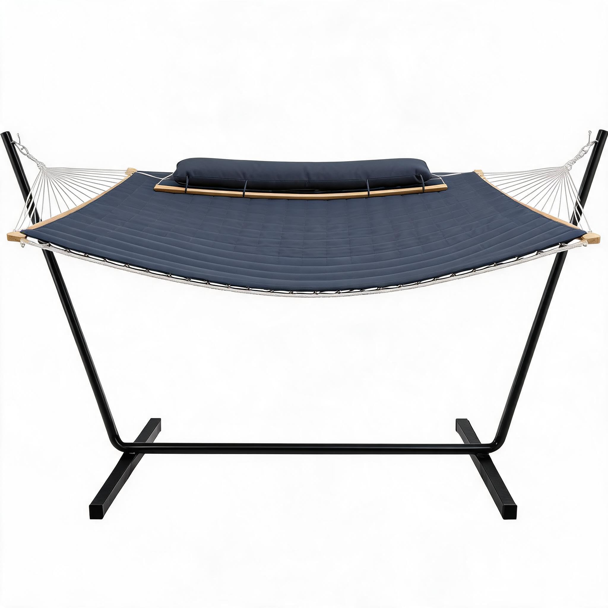 12 ft Hammock with Stand - Polyester Quilted Double Hammock with Spreader Bars, Net Bag and Cushion for Garden Patio Outdoor, 365x140x92cm, Dark Gray