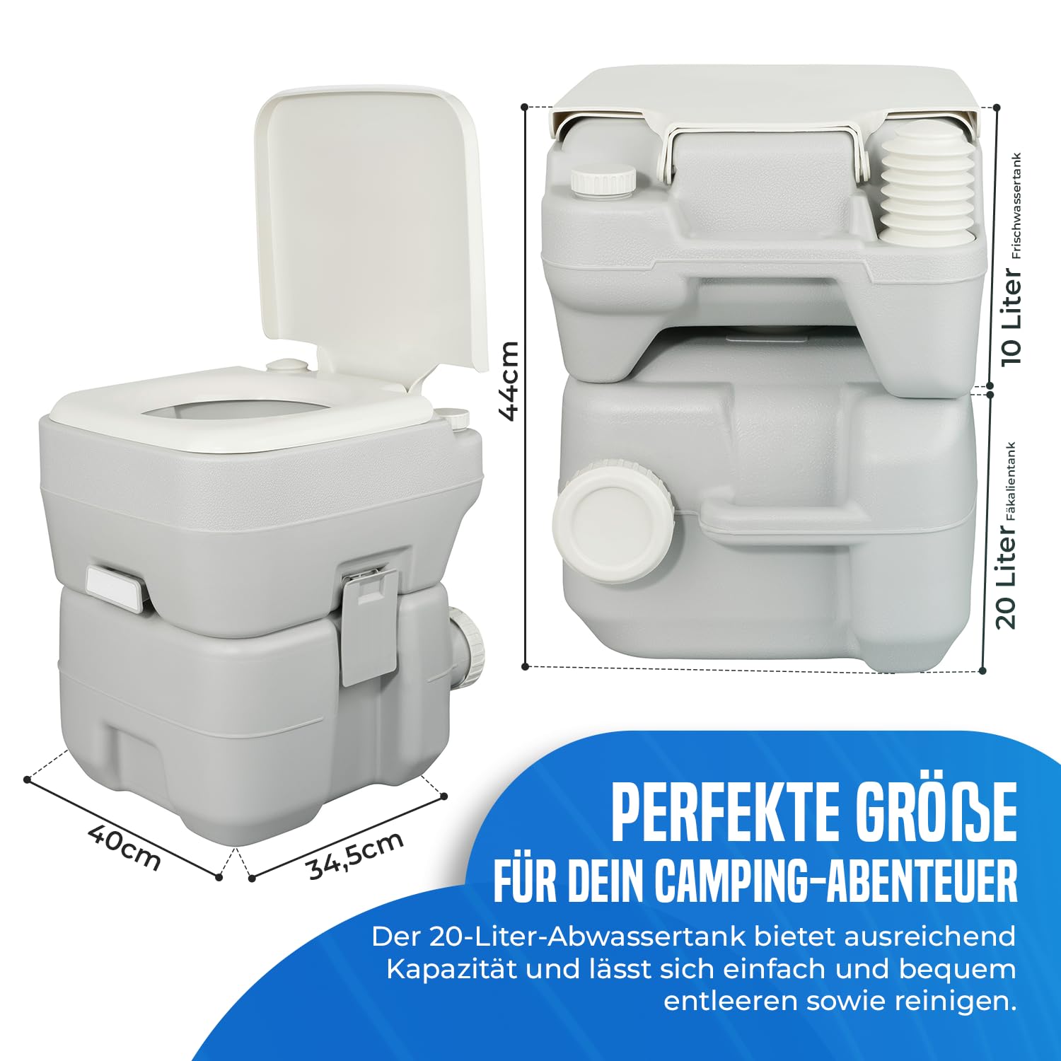 Camping Toilette 20L – Tragbare WC Reise Toilette mit 10L Frischwassertank & 20L Fäkalientank | Angenehme Sitzhöhe, bis 130 kg belastbar | Für Wohnwagen, Camper, Wohnmobil, Garten & Baustelle