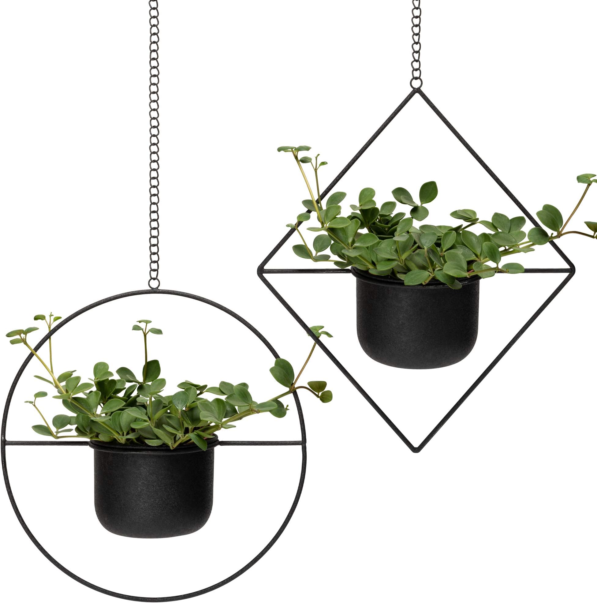 kimisty Set 2 Black Hanging Boho Geometric Metal Planter, Decorative Flower Pot, Mid Century Cactus and Succulent Ceiling Plant Pot, Living Room Decor, Black Party and Wall Decoration, Indoor