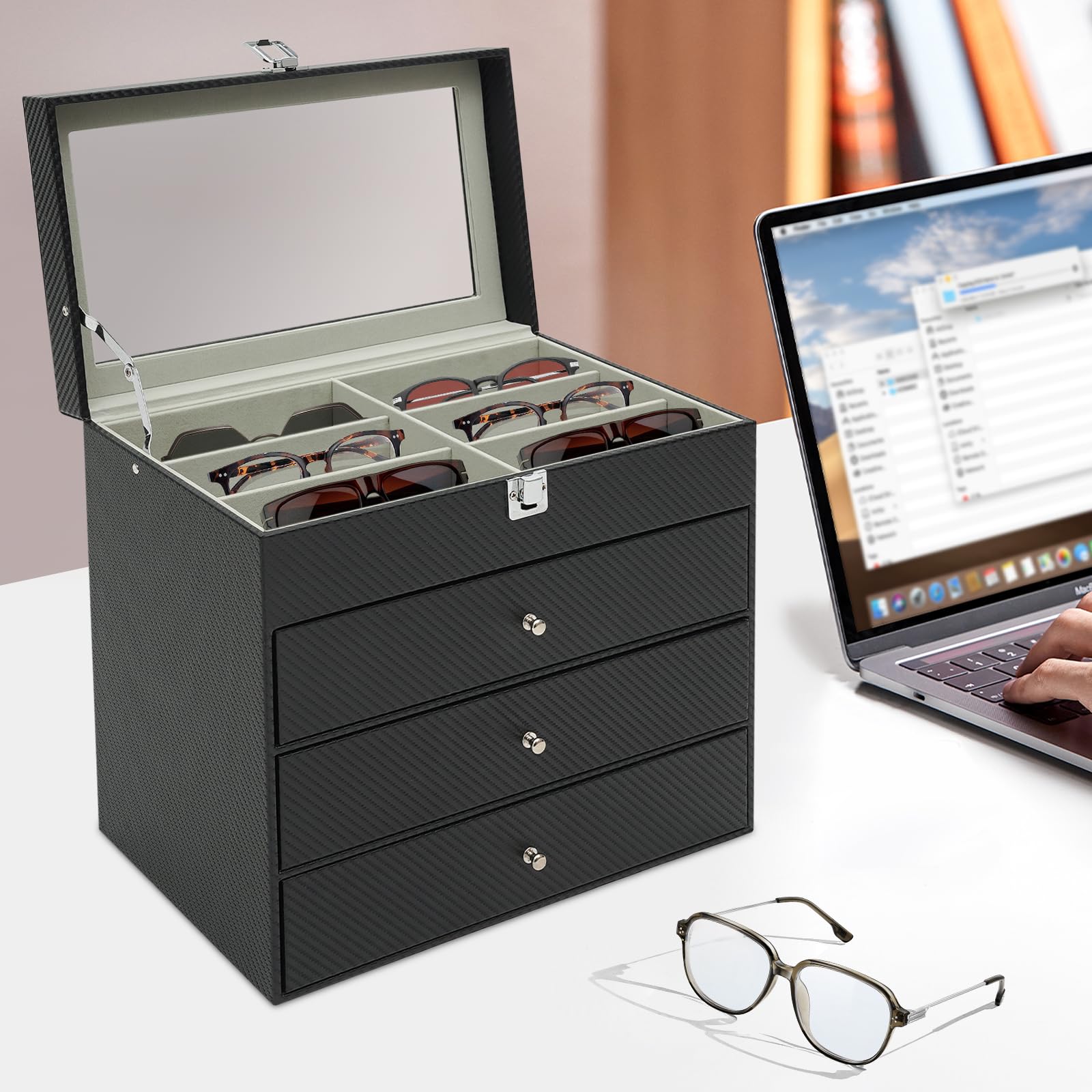4 Lagen Brillenbox für 24 Fächer Brillen Brillenkoffer Sonnenbrillen Ausziehbare Schublade Aufbewahrung mit Sichtfenster für Aufbewahrung Brillen, Sonnenbrillen, Armbändern