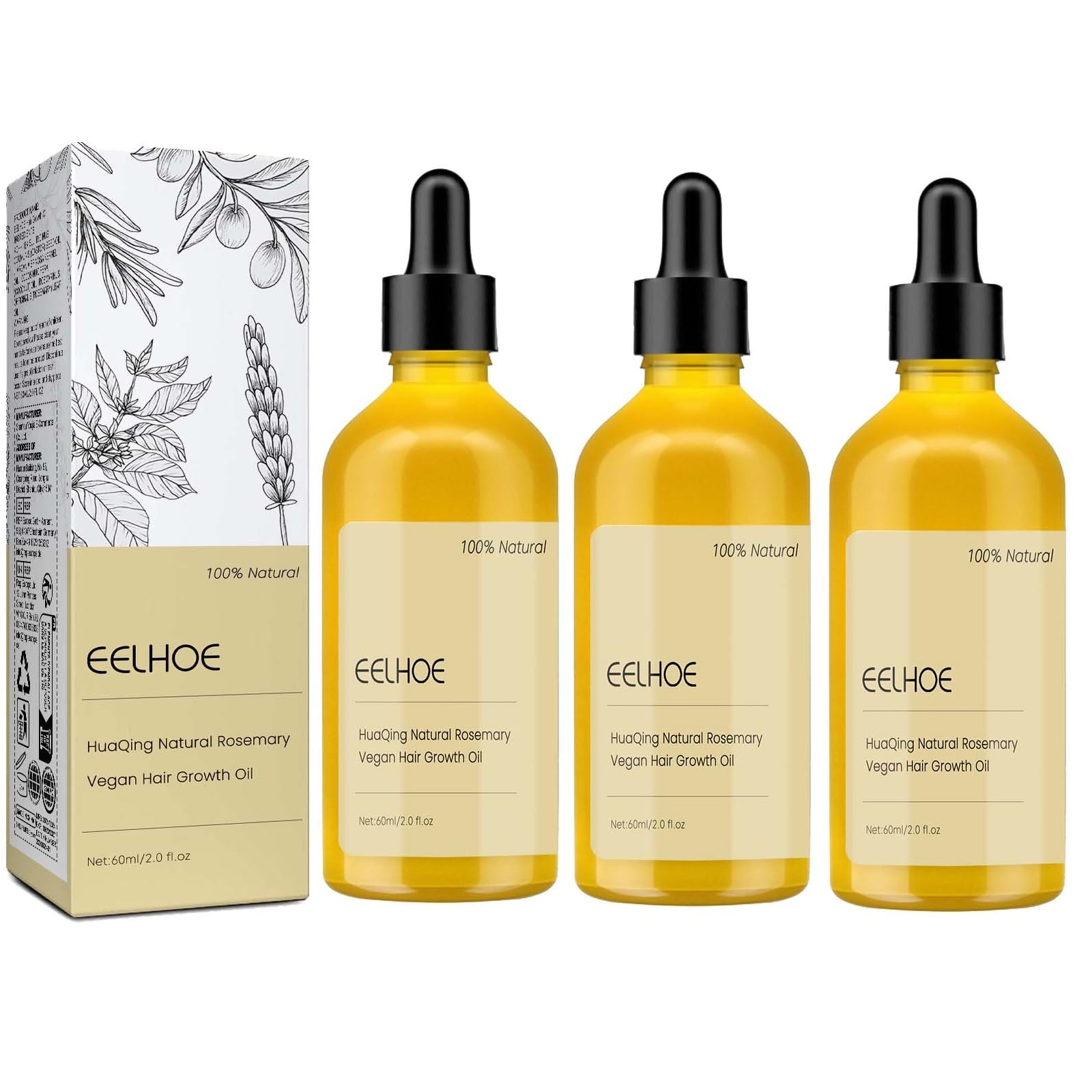 180 ML EELHOE Natural Hair Growth Oil, Organic Rosemary Oil for Dry Damaged and Thin Hair. (3 Pcs)