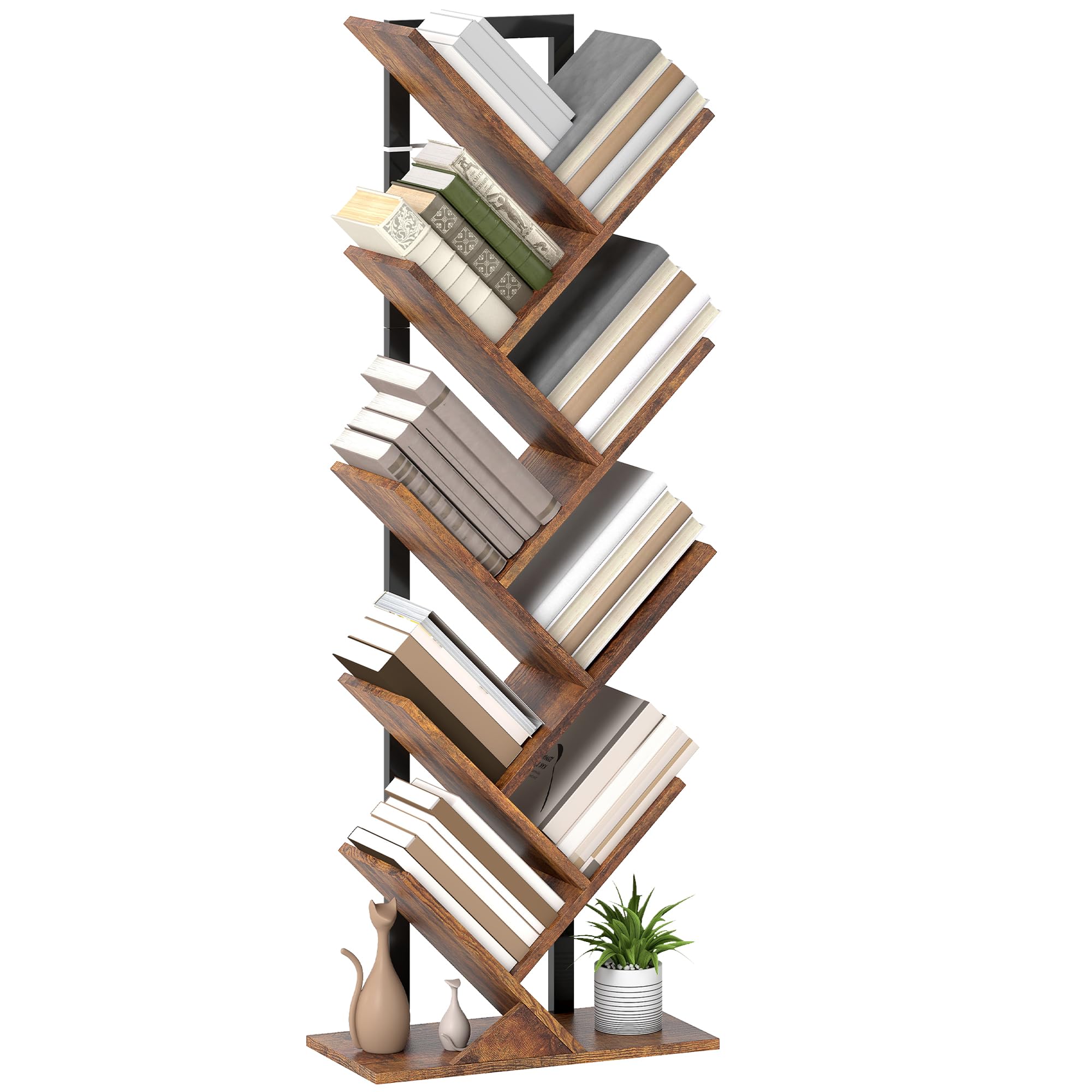 HOMCOM 8 Shelf Tree Bookshelf - Rustic Brown Steel Frame - Wood Effect Particle Board - Home Storage