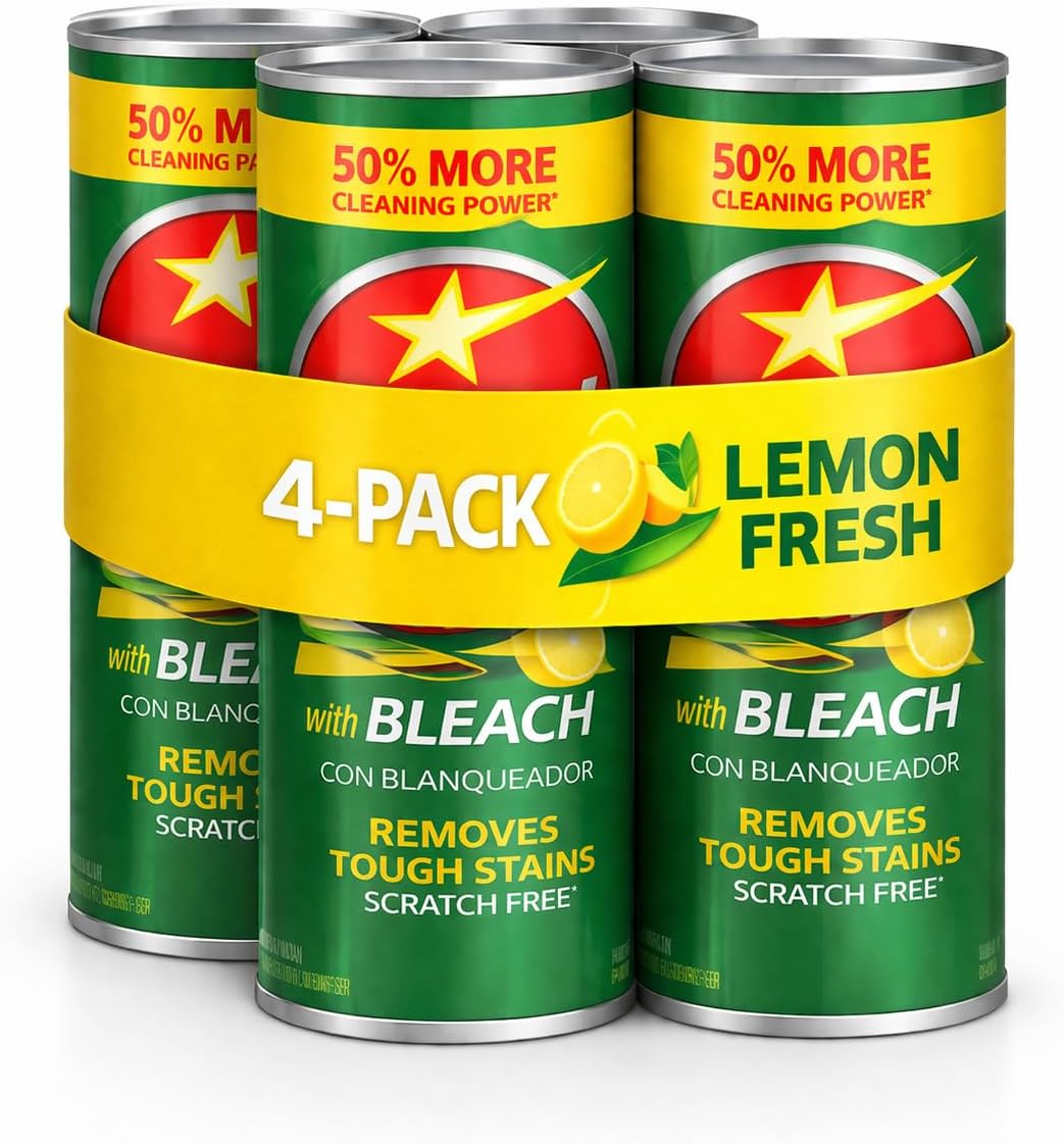 Lemon Fresh Bleach Cleanser Powder, 4-Pack, 50% More Cleaning Power, Scratch-Free Formula, Removes Tough Stains for Kitchen, Bathroom, Sink, Tub & Tile