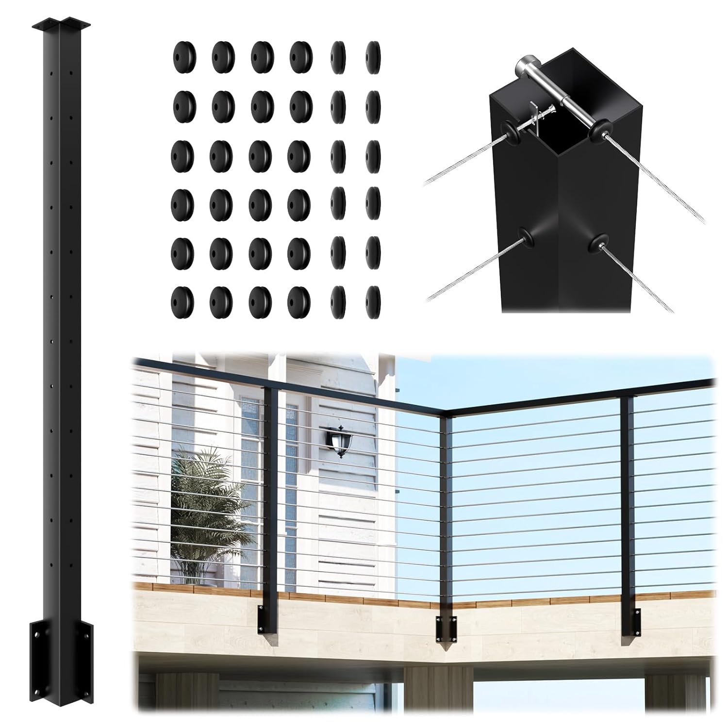 Side Mount Inner Corner Post 42" (Post Body 47.6"), Fixed Top Three Side Drilled Corner Post Cable Railing, Black Stainless Steel 304 Fascia Mount Metal Post with Inner Terminal & Cable Grommet 42" Corner Post-Inner-1 Pack 1